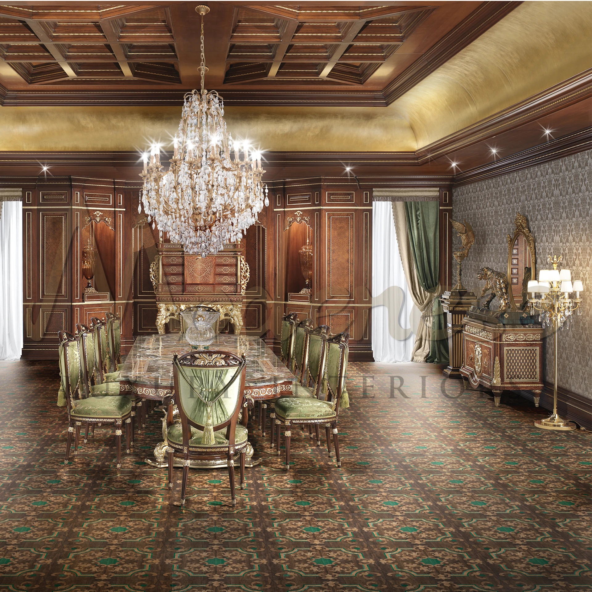 A fancy room with a large table, luxurious chairs, a big ceiling light, and wooden cabinets and sideboard along the walls