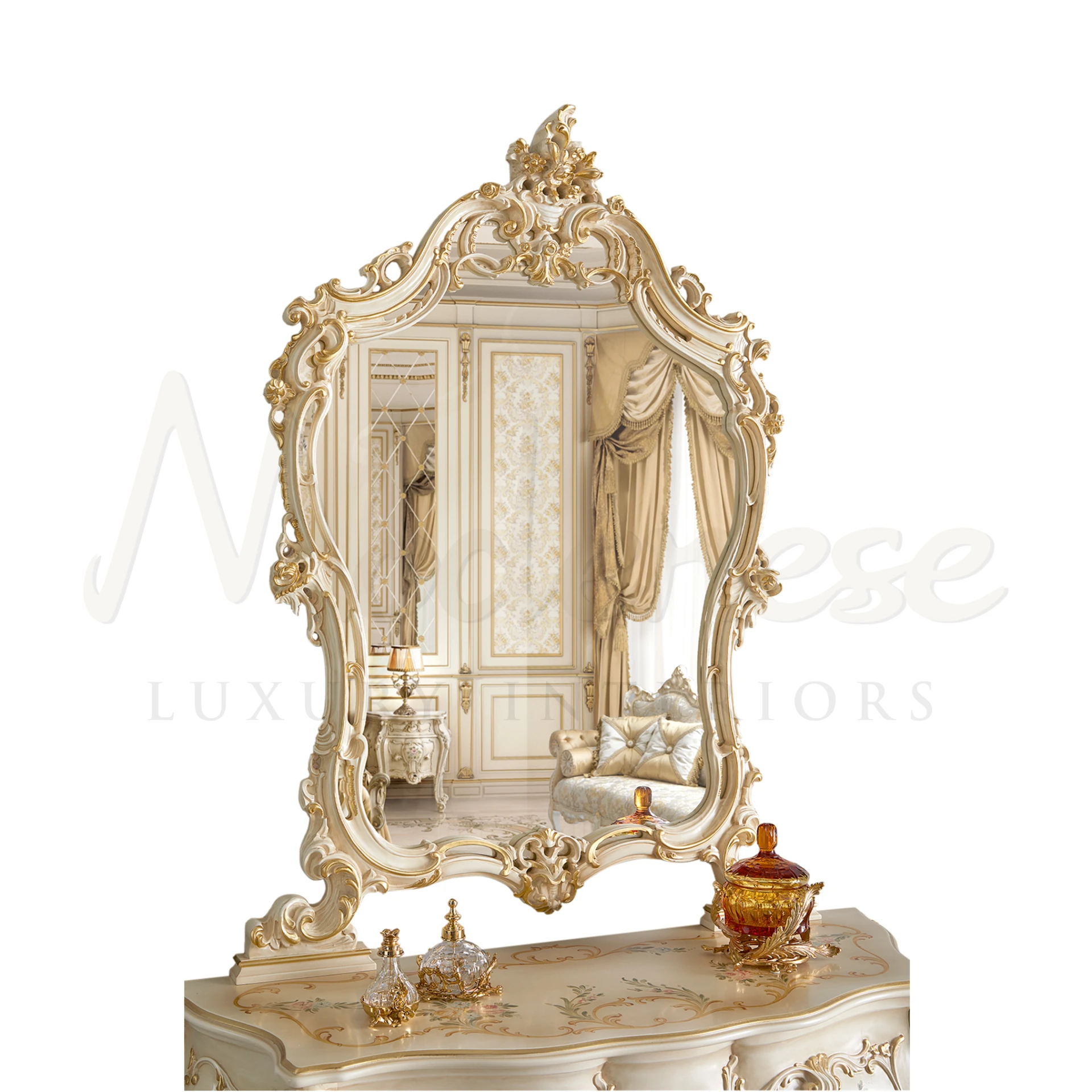 Elegant Framed Wall-Mounted Mirror in classic style, perfect for adding a luxurious touch to home decor and interior design.