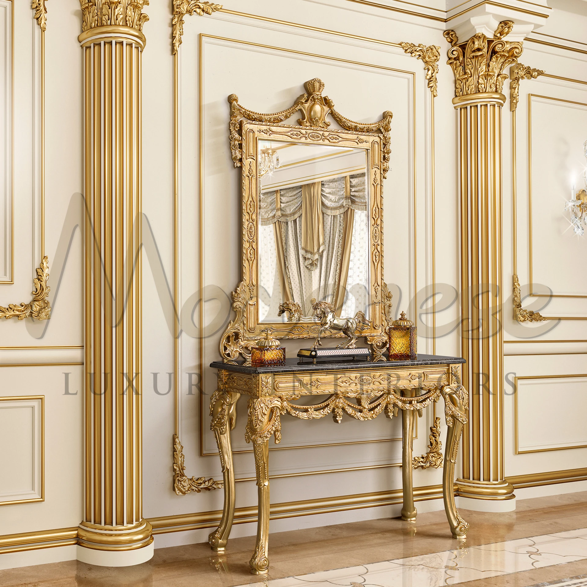 Handmade in Italy, the Exquisite Gold Leaf Mirror features a gold leaf structure, embodying classic mirror sophistication.