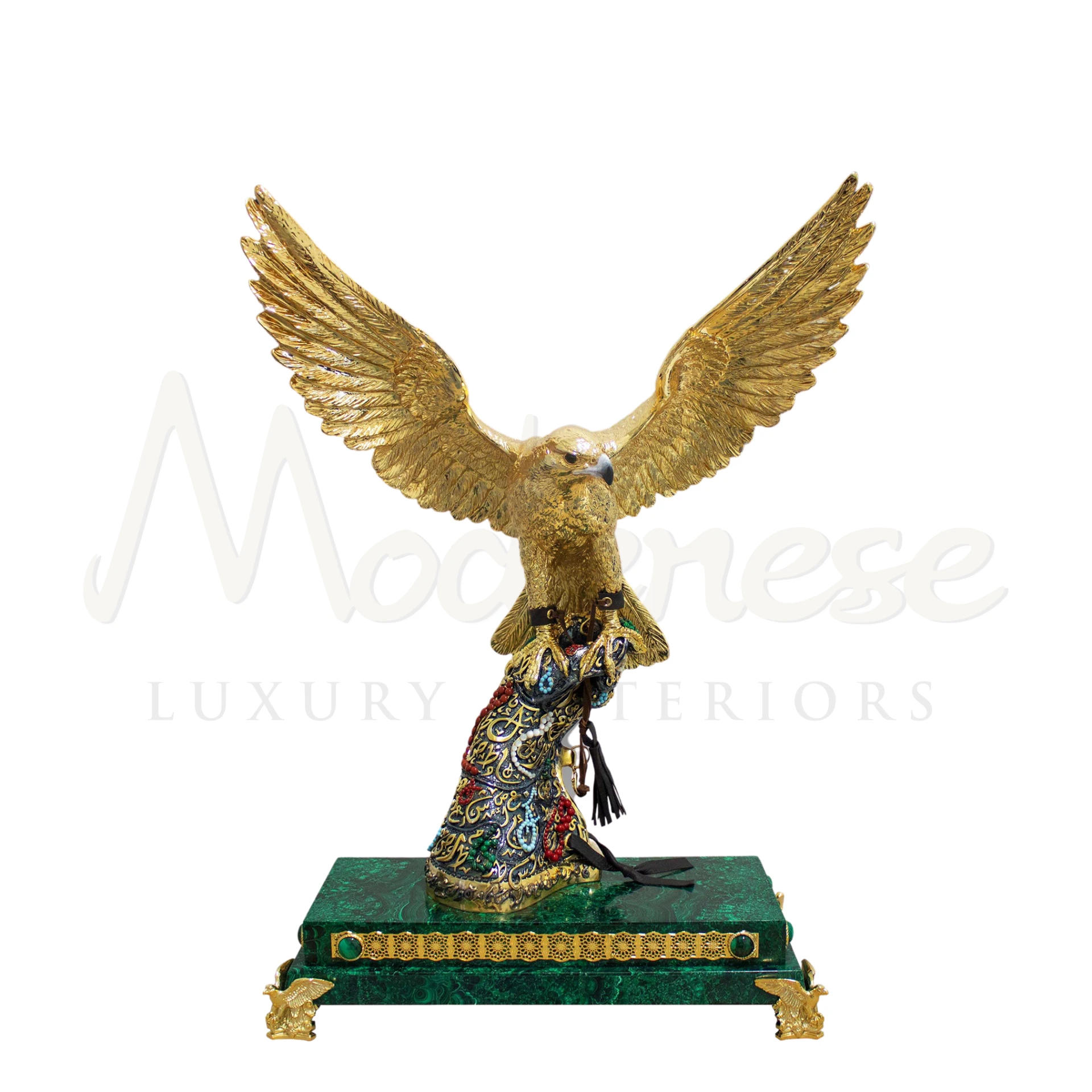 Exquisite Gold Leaf Falcon Statuette, embodying power and agility, with intricate detailing and precious materials, perfect for luxury and classic interior design.






