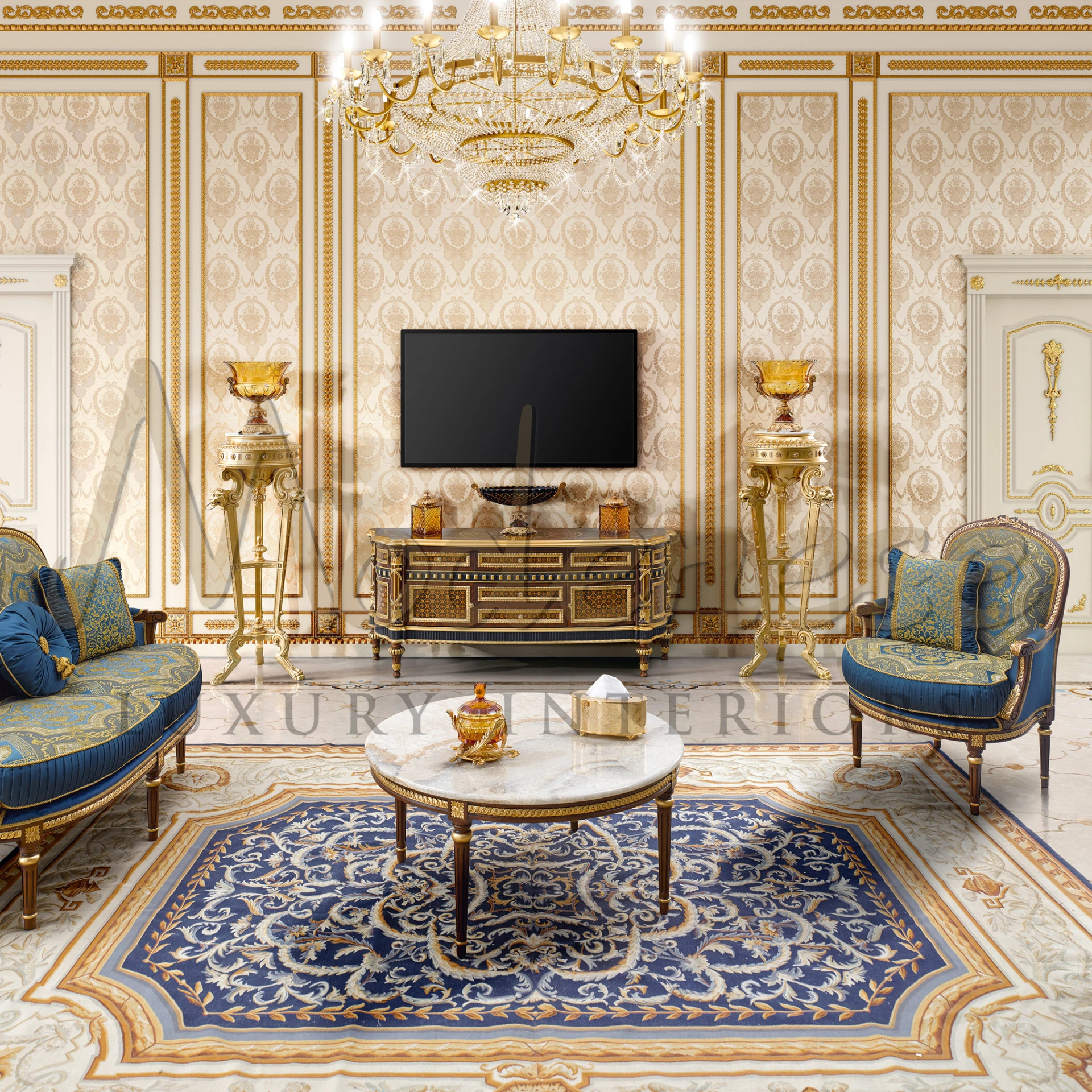 Elegant solid wood TV stand in New Baroque style, featuring original carvings by Italian artist decorators for luxury homes.
