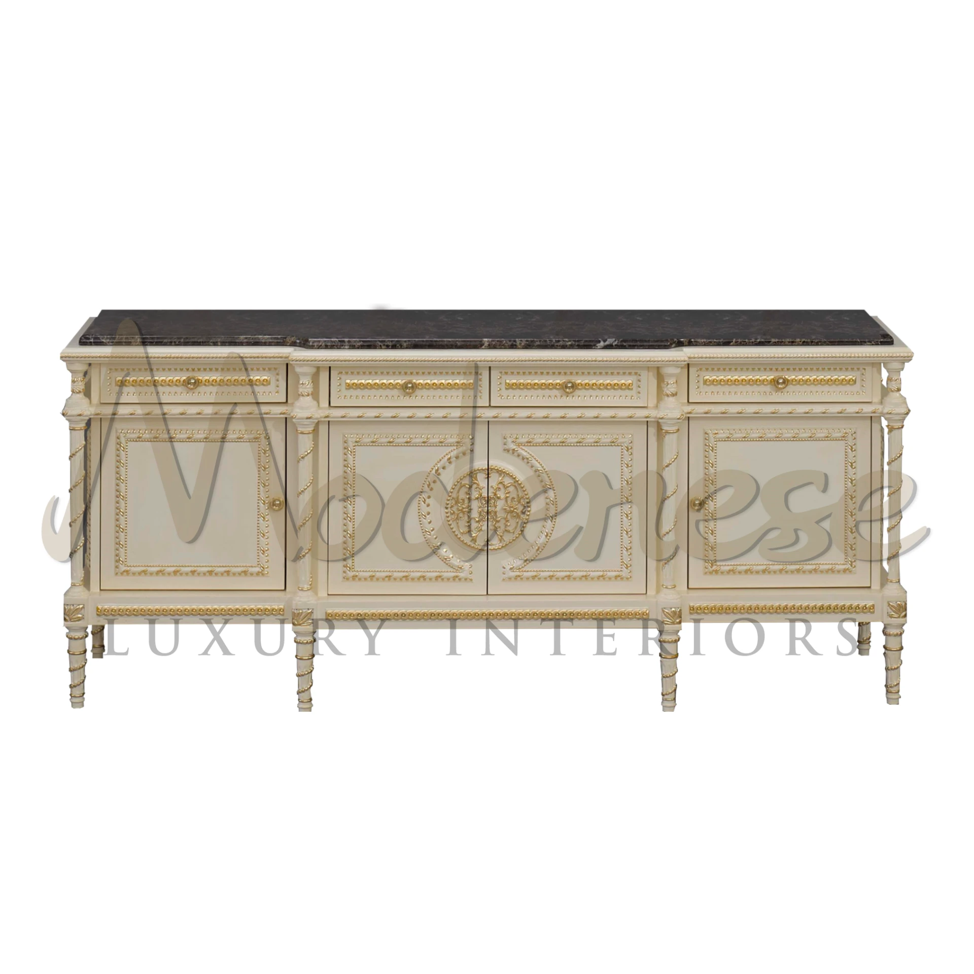 Luxury Italian Baroque TV Stand, ivory finish with decorative carvings, showcasing classic interior design and elegance.