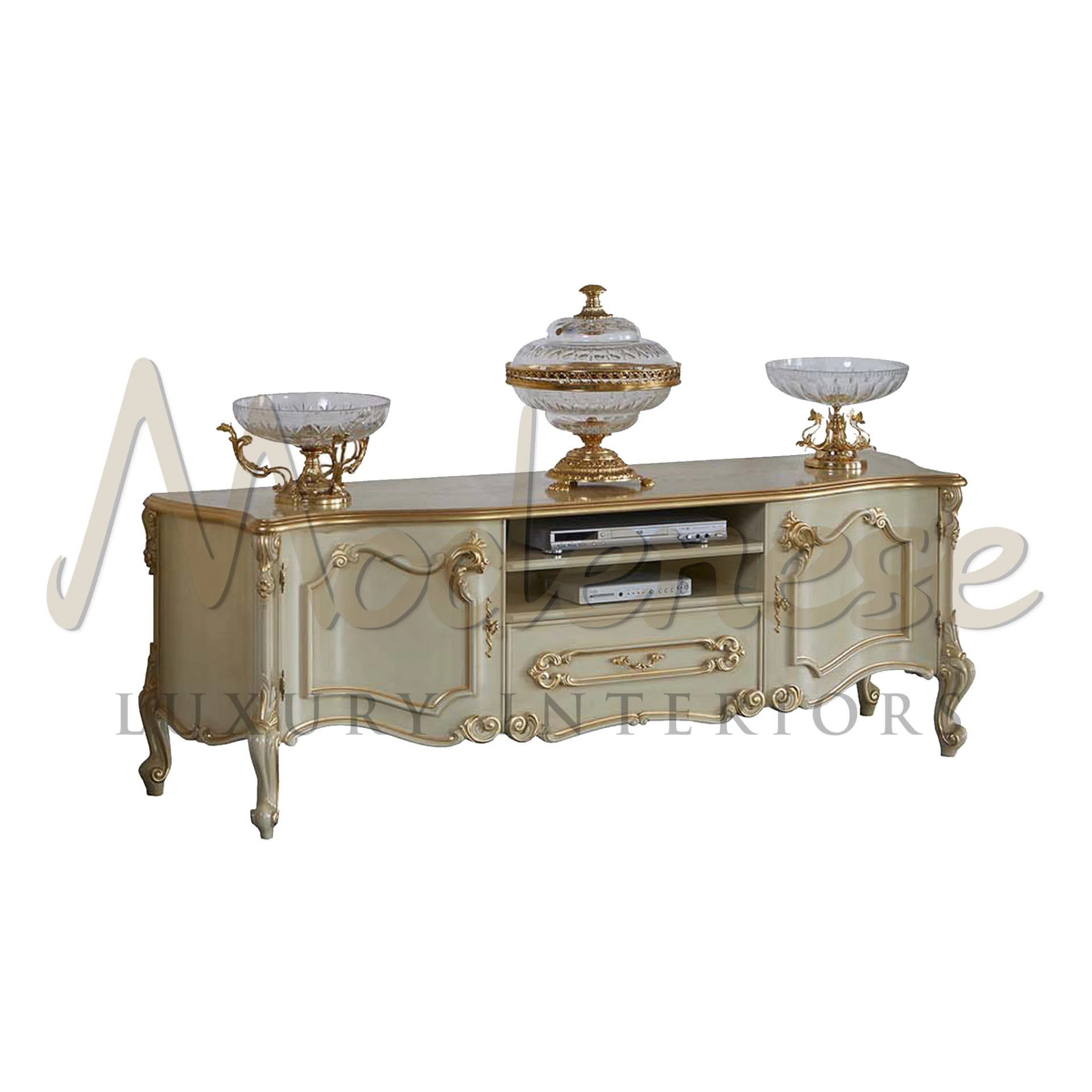 Italian Victorian Style TV Stand, classic elegance for luxury interiors, optional decorative accents available.