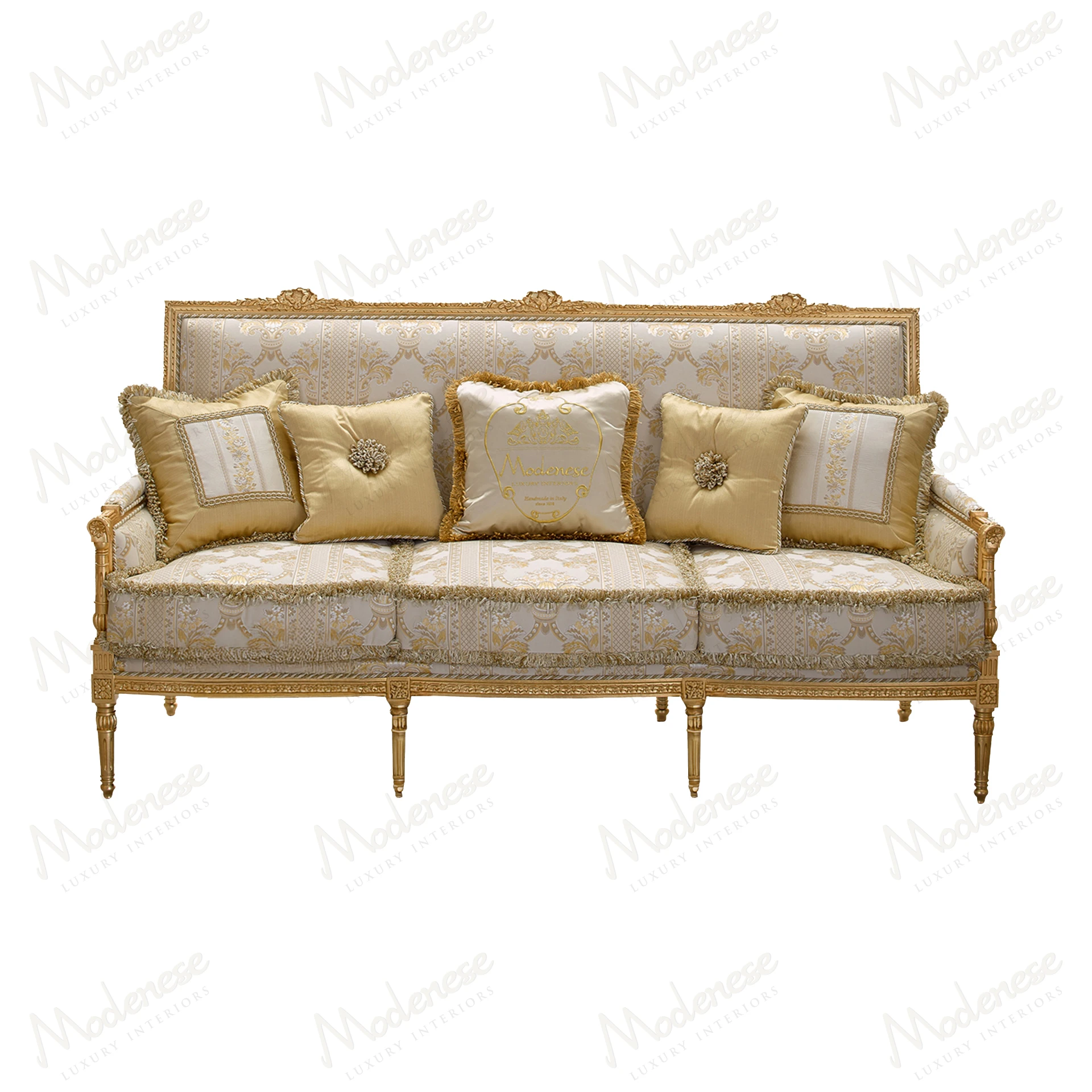 Elegant Victorian 3-seater sofa with gold leaf wood frame, upholstered in cream and gold damask fabric, combining classic and modern design
