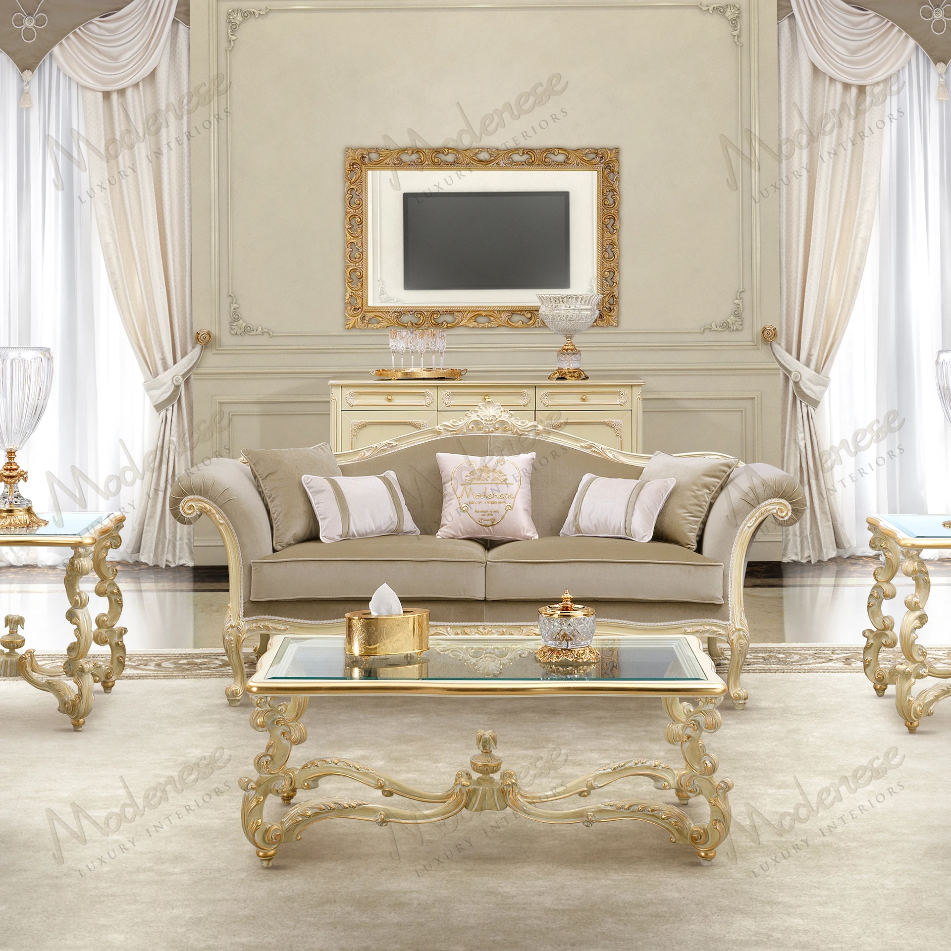 Ivory-lacquered 3-seater sofa with gold leaf accents and light grey velvet upholstery. Elegant design, perfect for luxury interiors. Dimensions: W233 D84 H106 HS56
