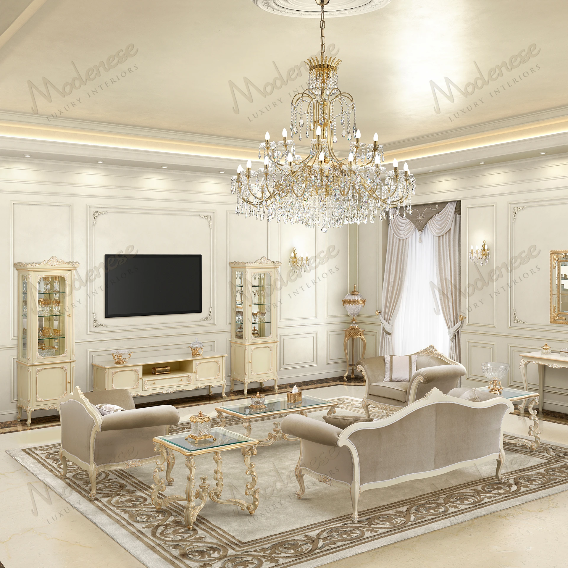 Elegant Timeless Grace 3-seater sofa with wood structure, luxurious fabric, dimensions W233 D84 H106 HS56, in a sophisticated finish