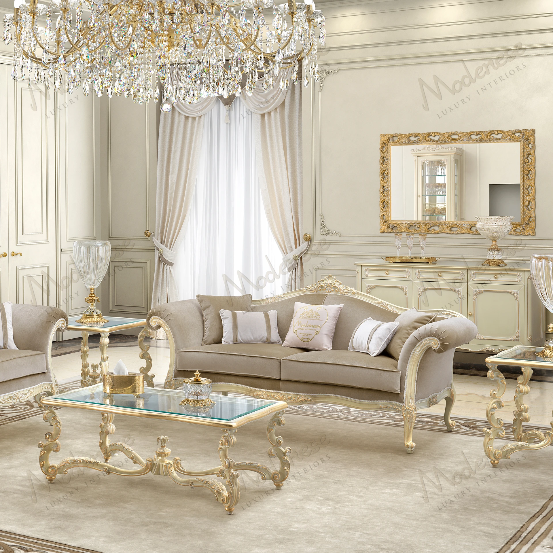 Elegant 3-seater sofa with ivory lacquer, gold leaf accents, and light grey velvet upholstery. Ideal for luxurious, contemporary interiors