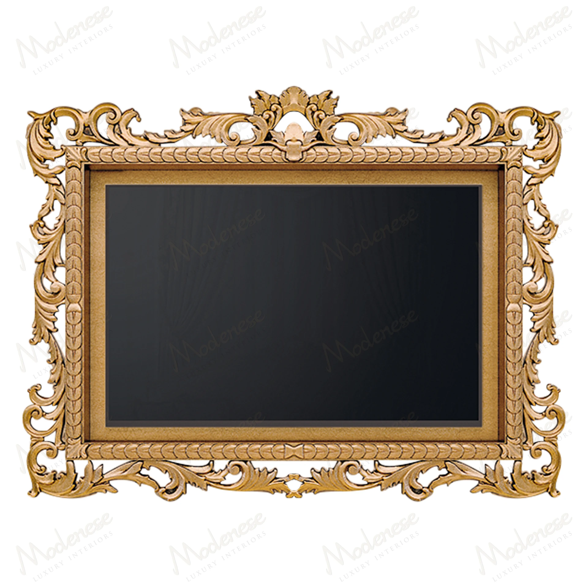 A luxurious wooden frame with an antiqued gold leaf finish, meticulously handcrafted for modern, elegant interiors
