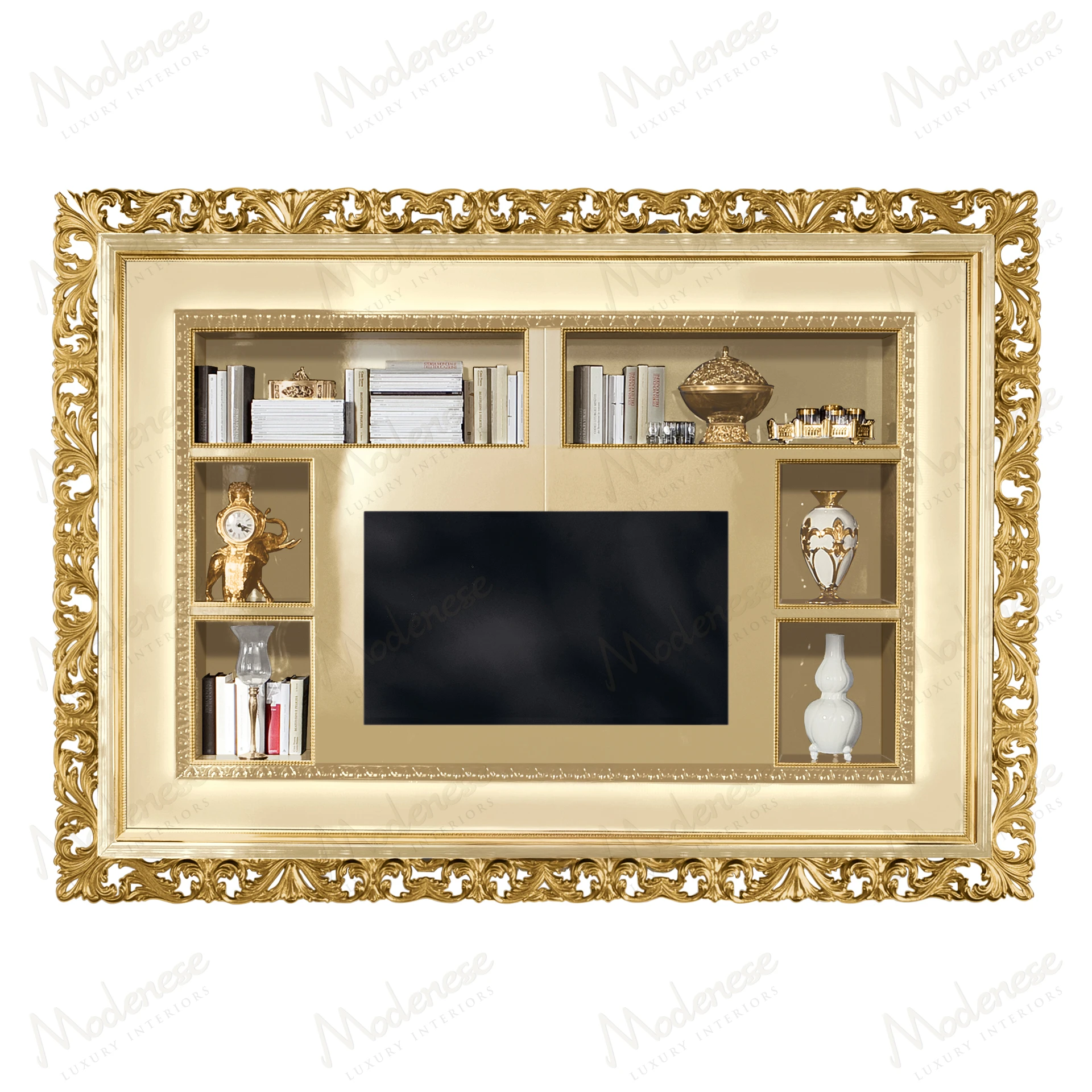 Ivory bookcase with TV stand, featuring gold leaf details and a lacquer finish, combines modern design with functionality and elegance