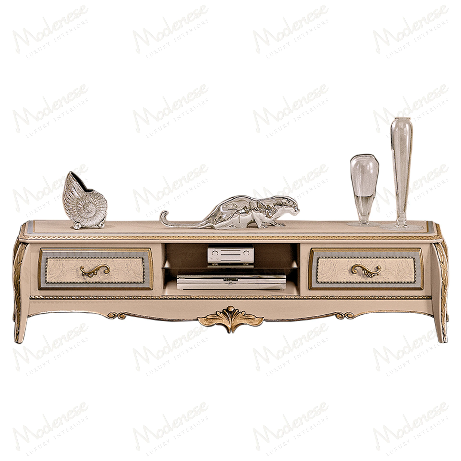 Modern Embrace TV Stand with mixed materials, featuring sleek lines and open shelving, suitable for contemporary living spaces