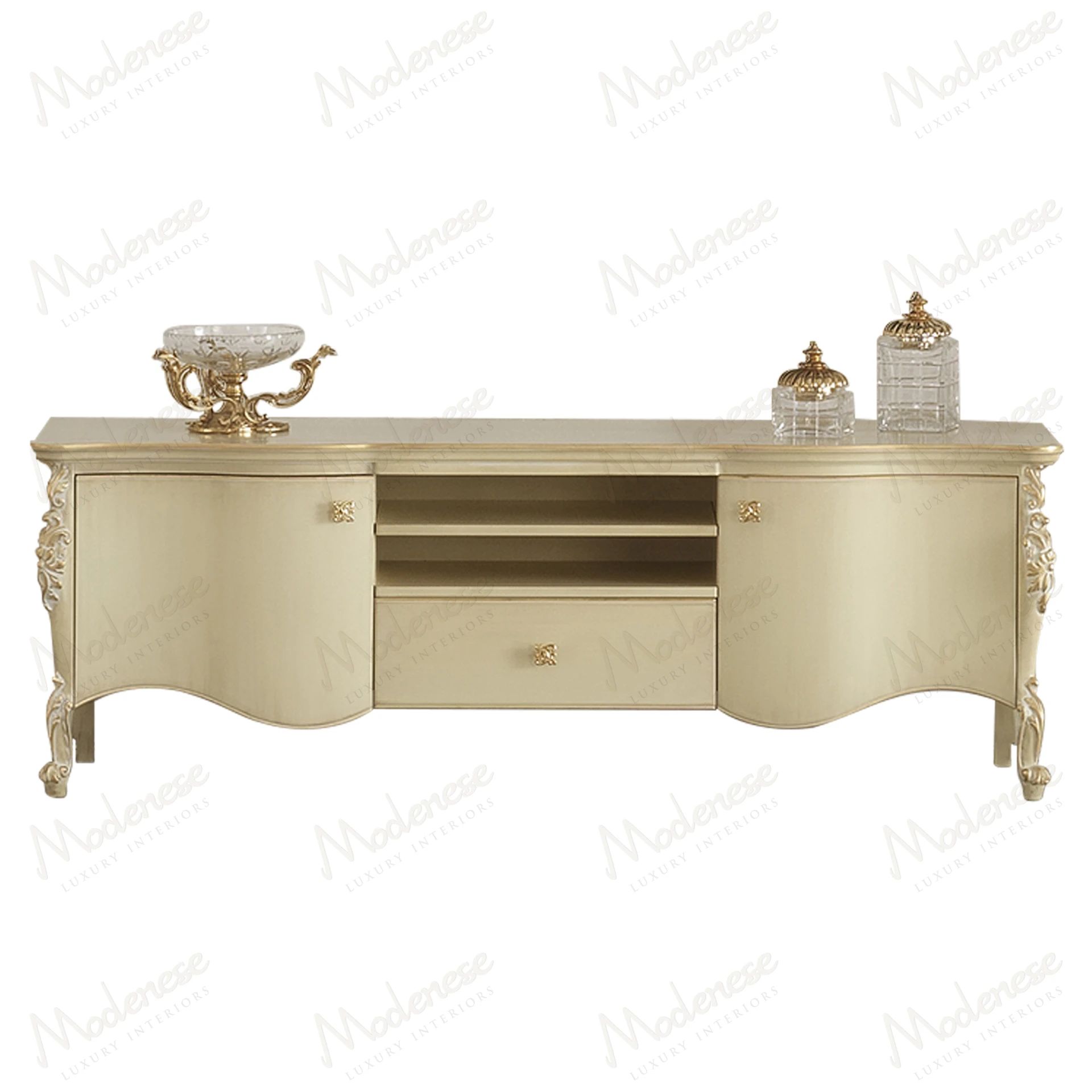 Modern wooden TV stand, Timeless Serenity, with sleek design Features a sturdy wood structure and smooth top, blending style and functionality