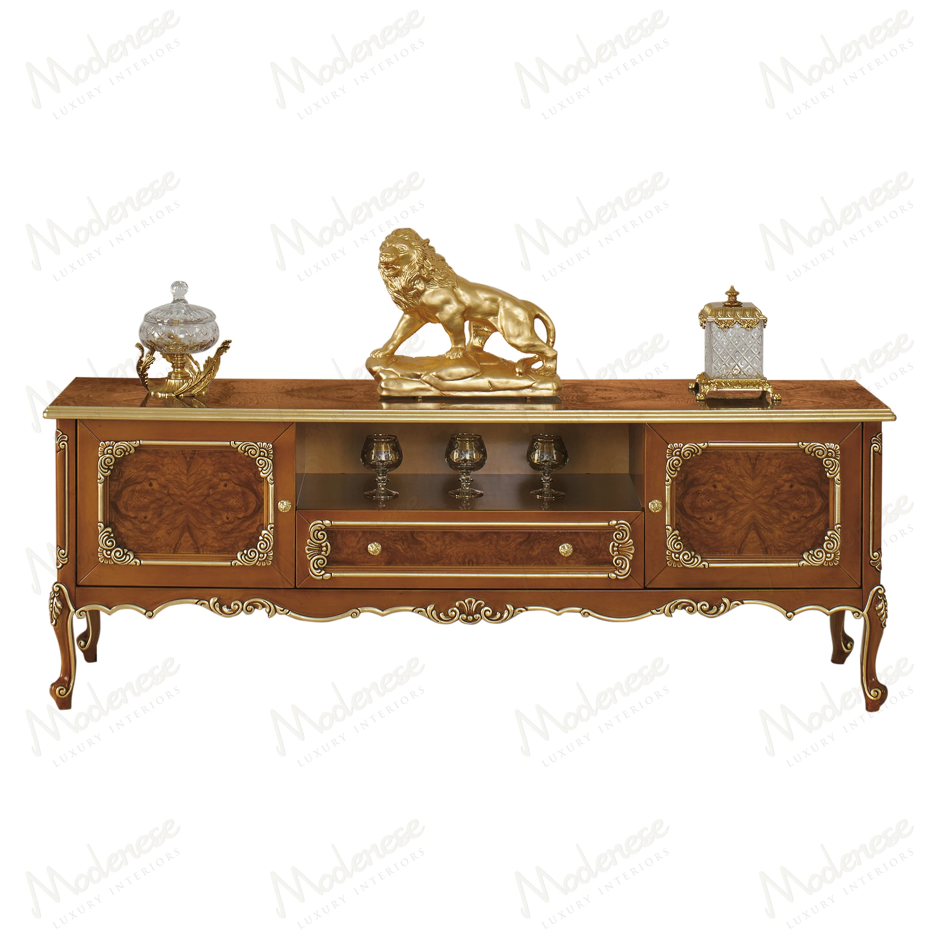 Modern wooden TV stand with a sleek design, featuring a sturdy wood structure and top, blending elegance and functionality seamlessly