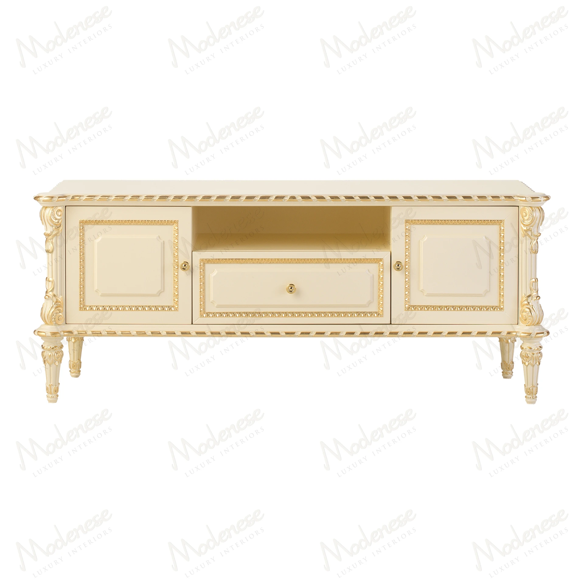 Golden Radiance TV Stand featuring a sleek wooden structure and top, modern design, perfect for contemporary living spaces