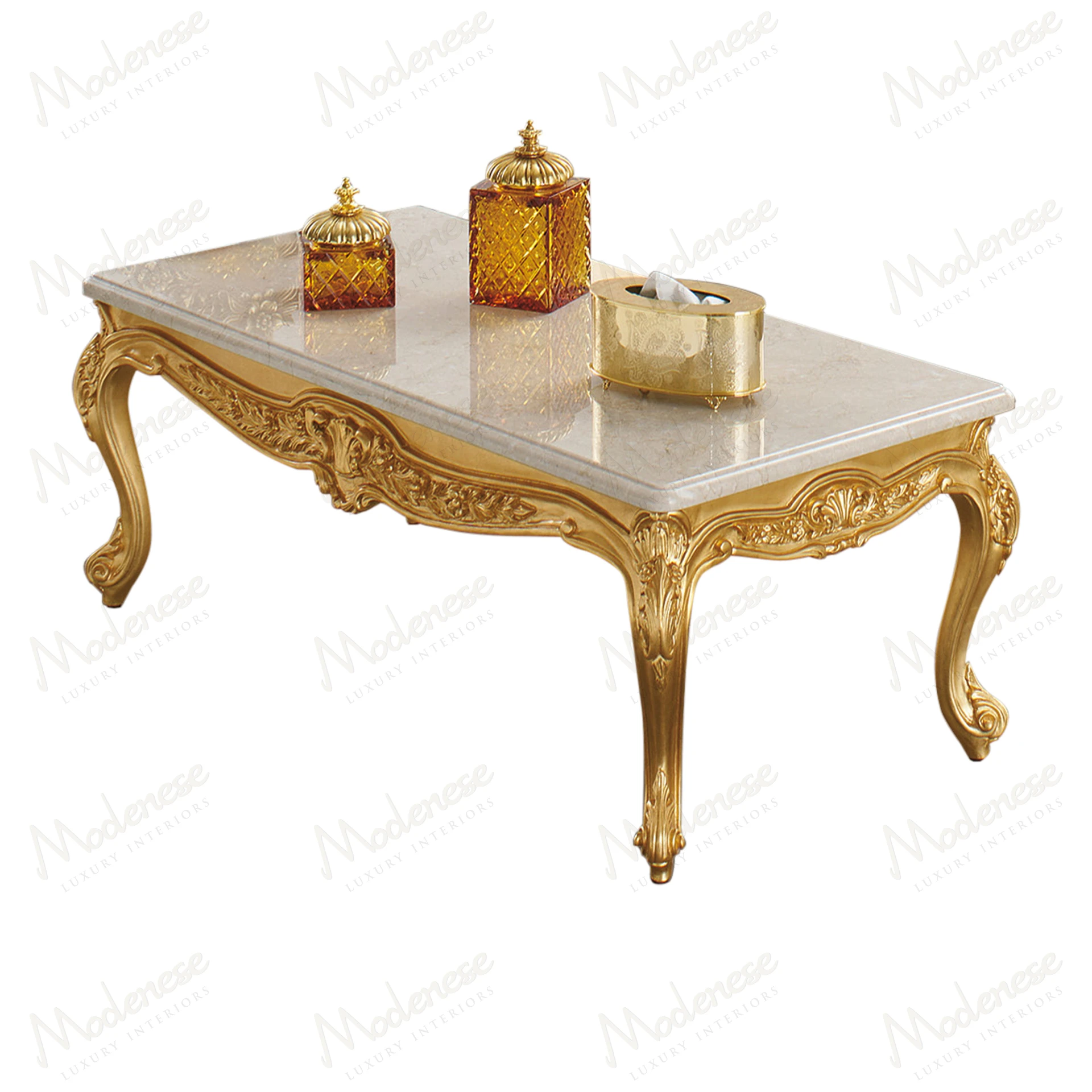Elegant coffee table with full gold leaf finish, showcasing a luxurious design Perfect centerpiece for sophisticated living spaces