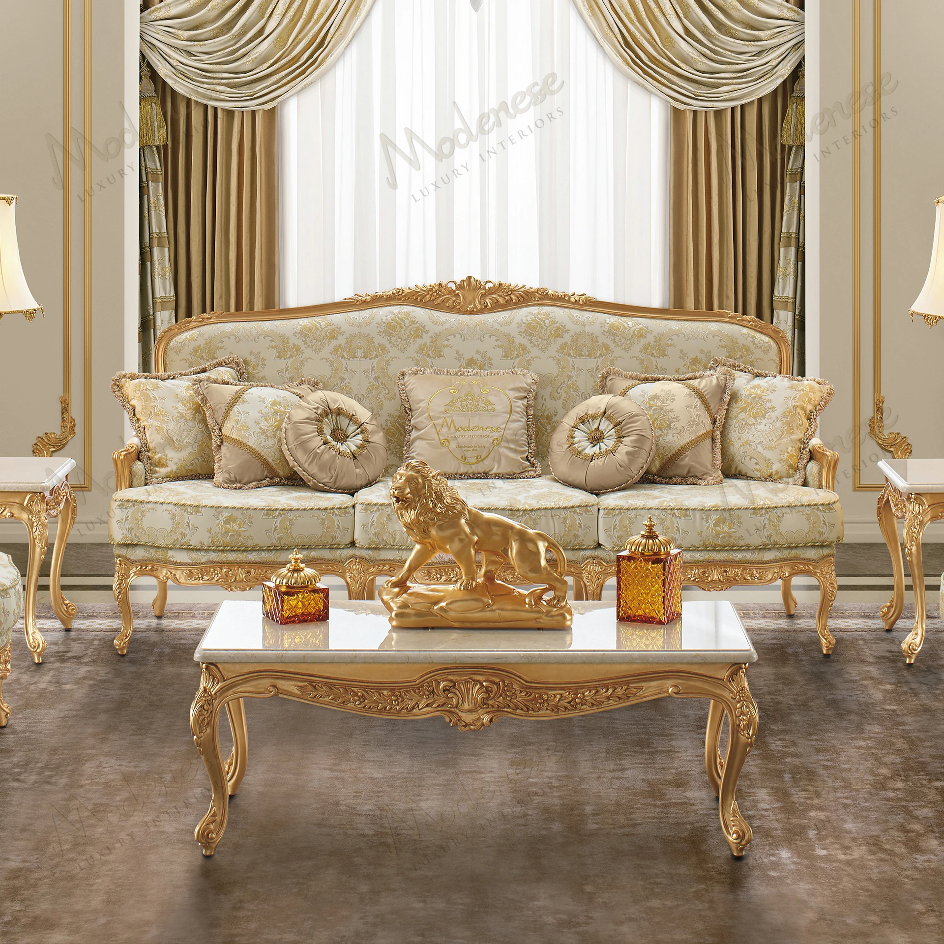 Elegant coffee table with a wood base, marble top, and gold leaf finish Sleek design, perfect for sophisticated living spaces