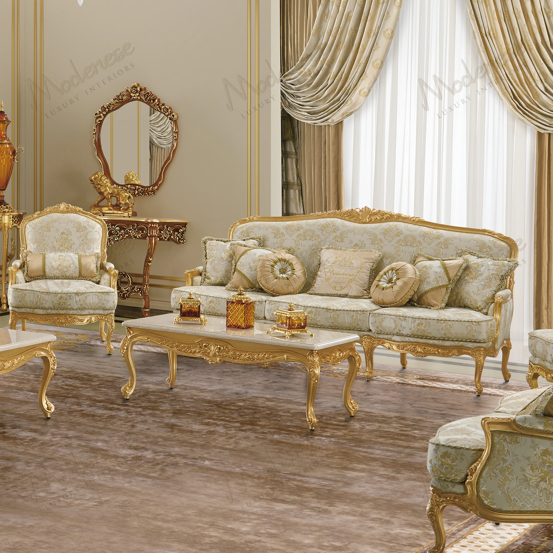Gold leaf coffee table with intricate design and luxurious feel, no fabric Reflects opulence and elegance in any setting