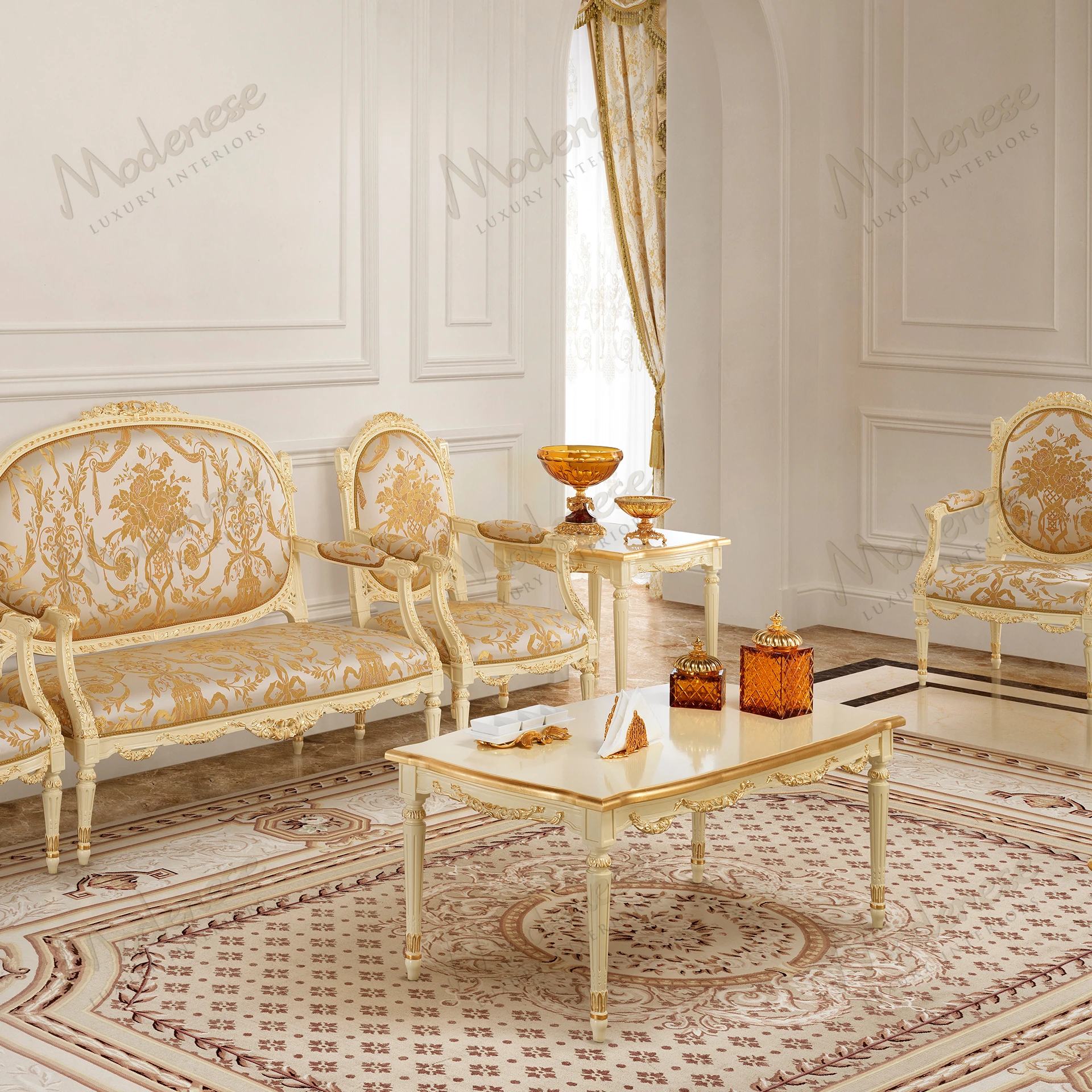 Golden Radiance Coffee Table with a sleek, smooth surface, reflecting light No upholstery, minimalist design Ideal for modern, cozy living spaces