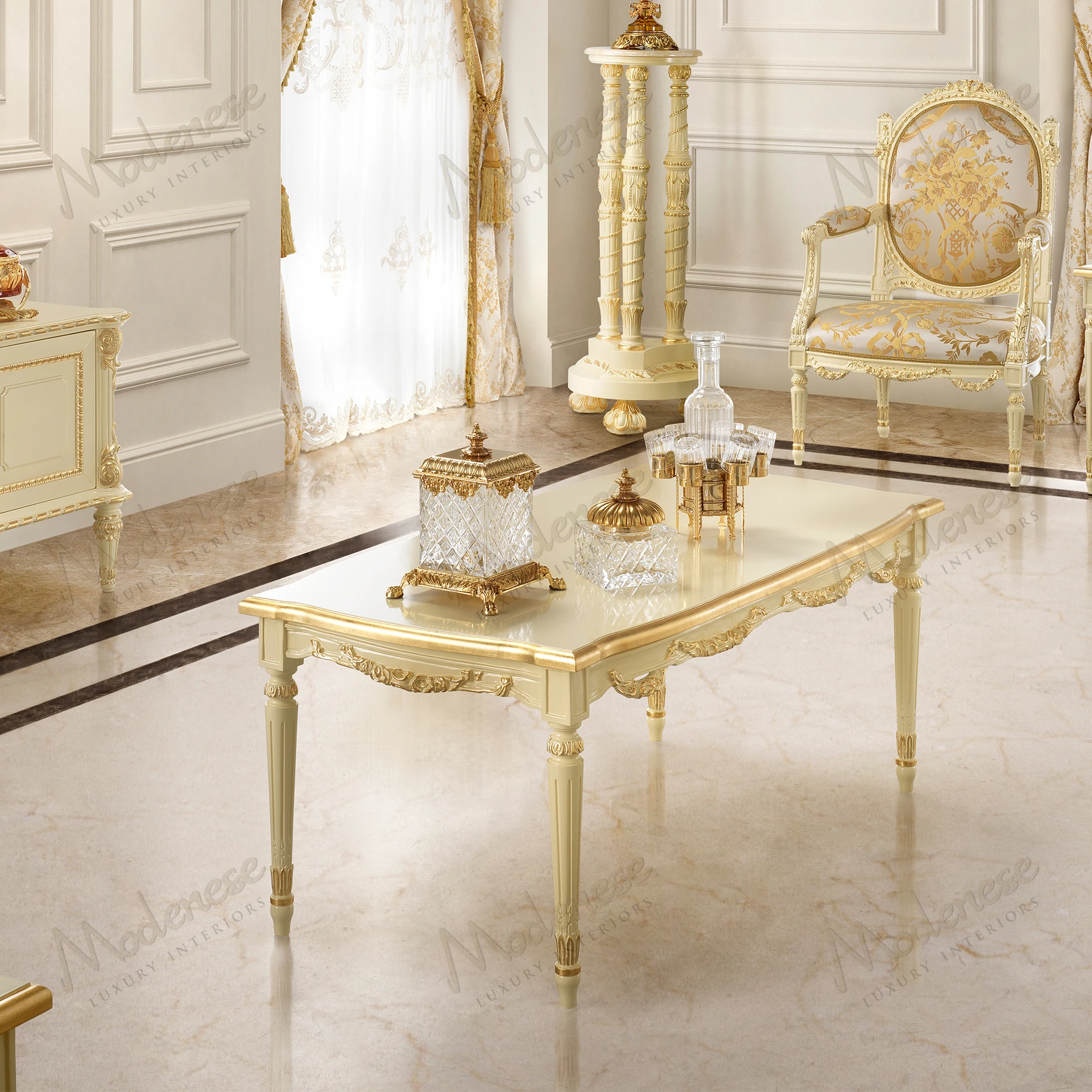 Golden Radiance Coffee Table with a wooden top, ivory lacquered finish, and gold leaf details, offering a sleek and elegant design