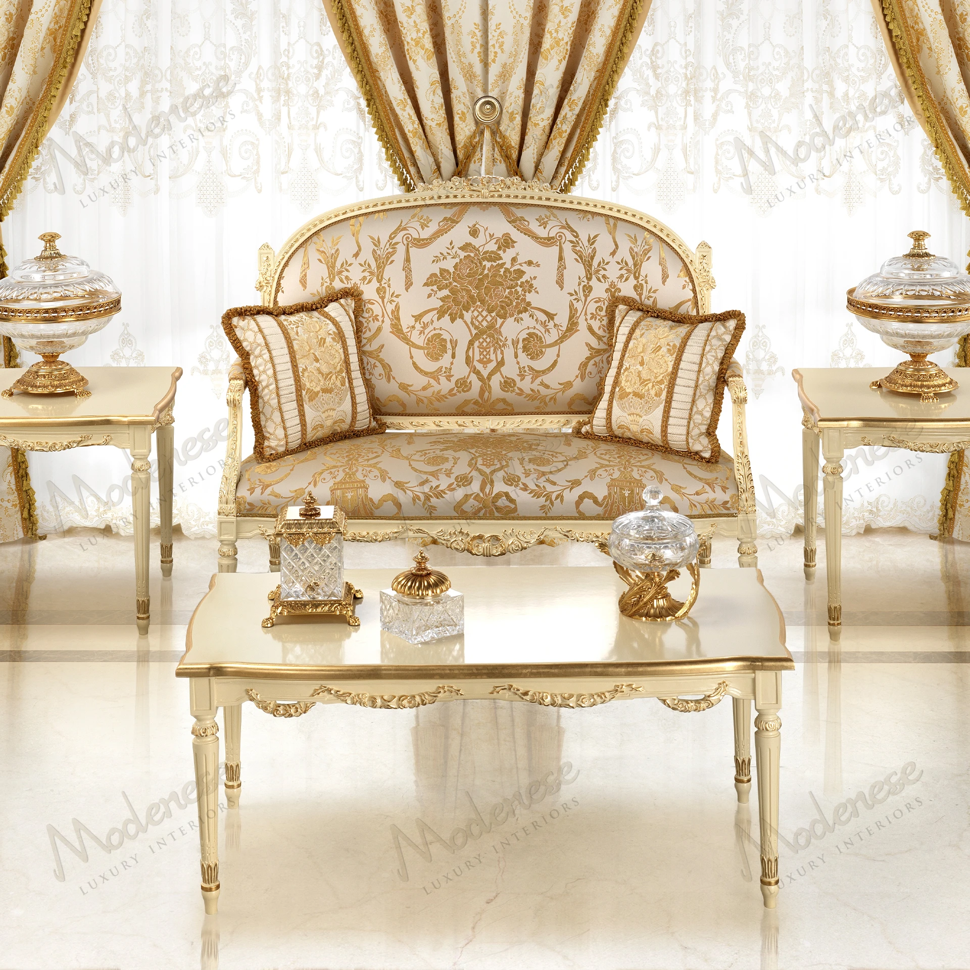 Elegant Golden Radiance Coffee Table with ivory lacquered finish and gold leaf details No fabric, luxurious and sophisticated design