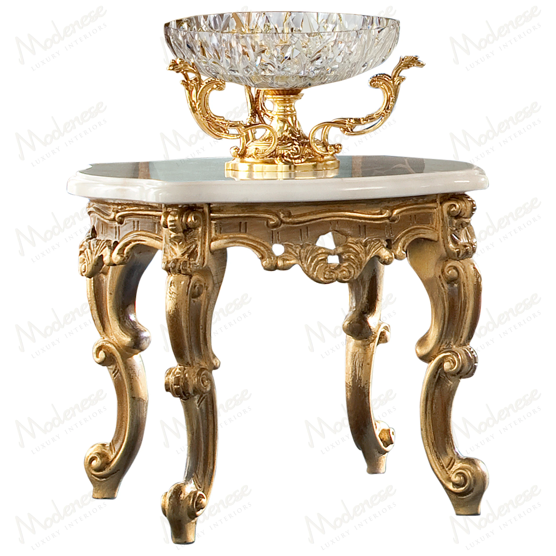Elegant Eclipse side table with gold leaf wood base and premium marble top, offering a modern touch to any space