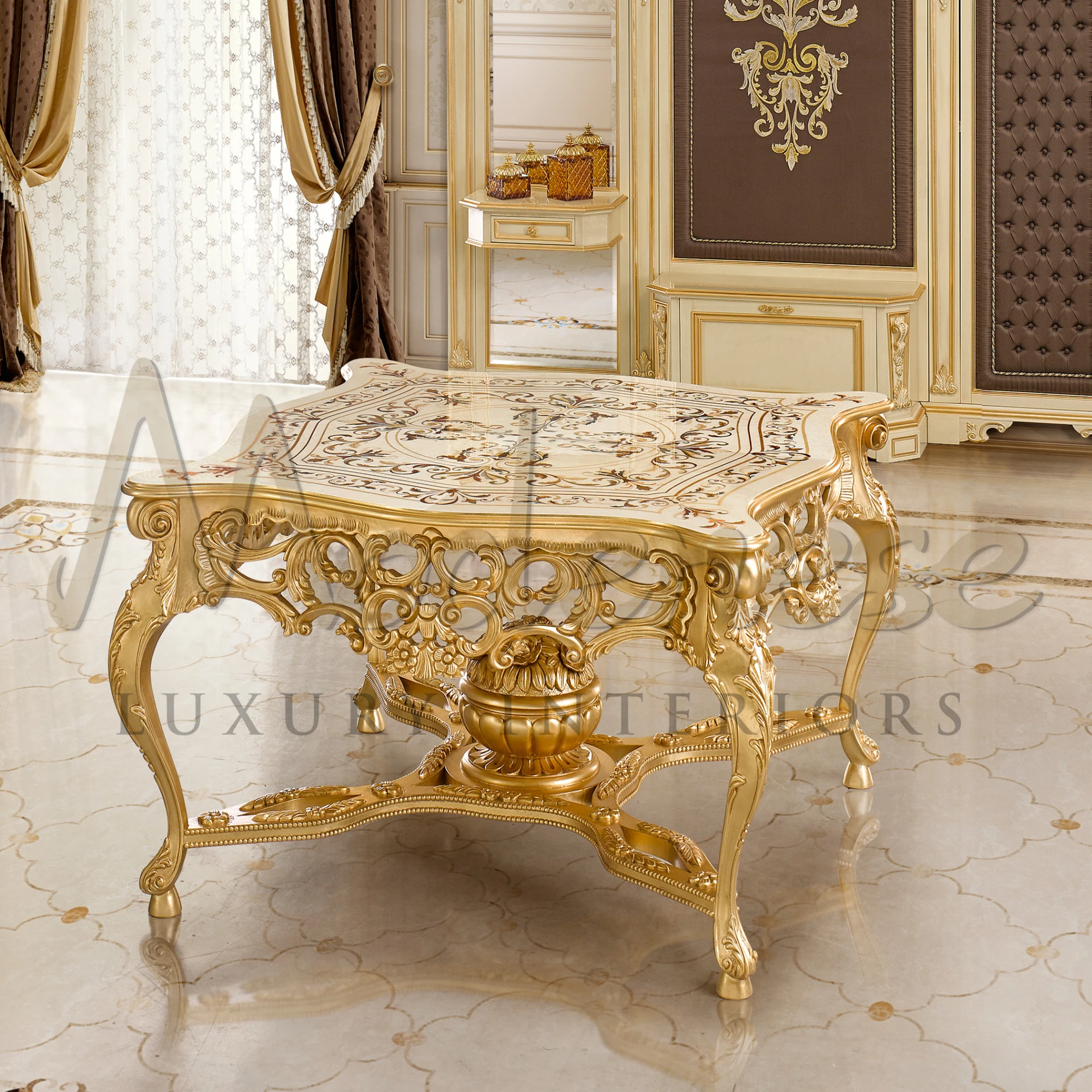 Sophisticated solid wood Classic Style Central Table, featuring intricate inlay top, perfect for classy furniture enthusiasts.
