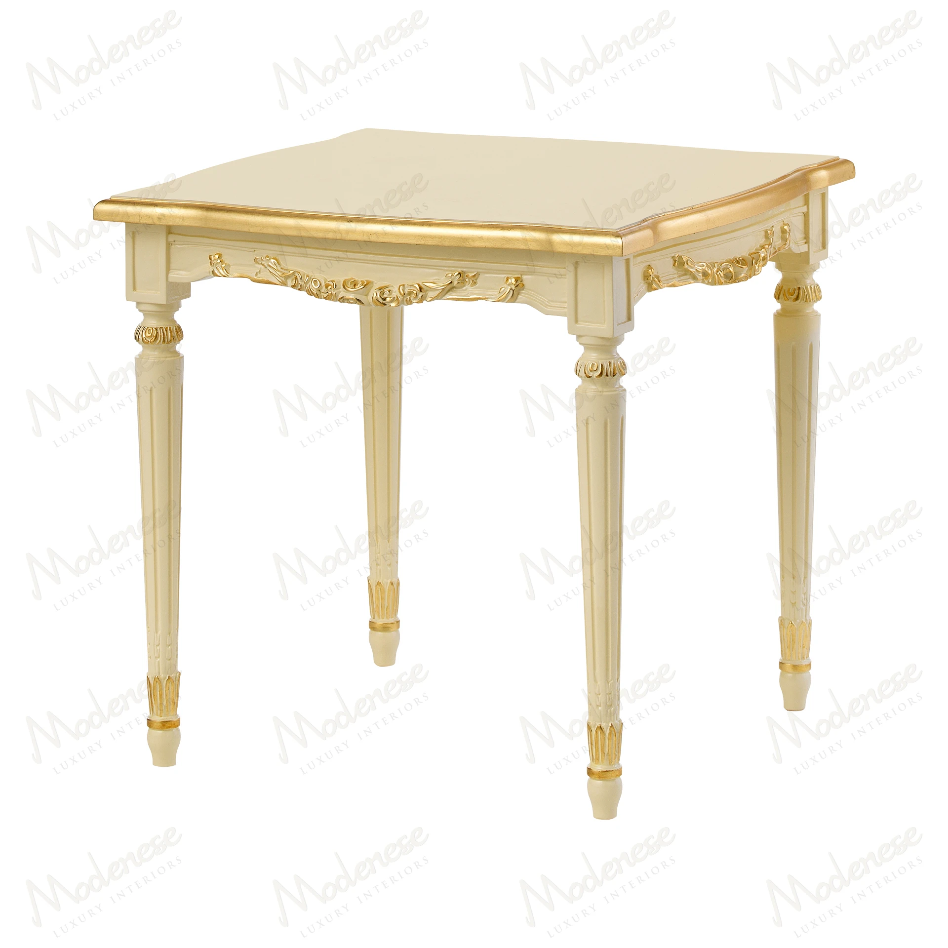 Modern wooden side table with a sleek design, featuring a golden radiance finish on the wooden structure and top