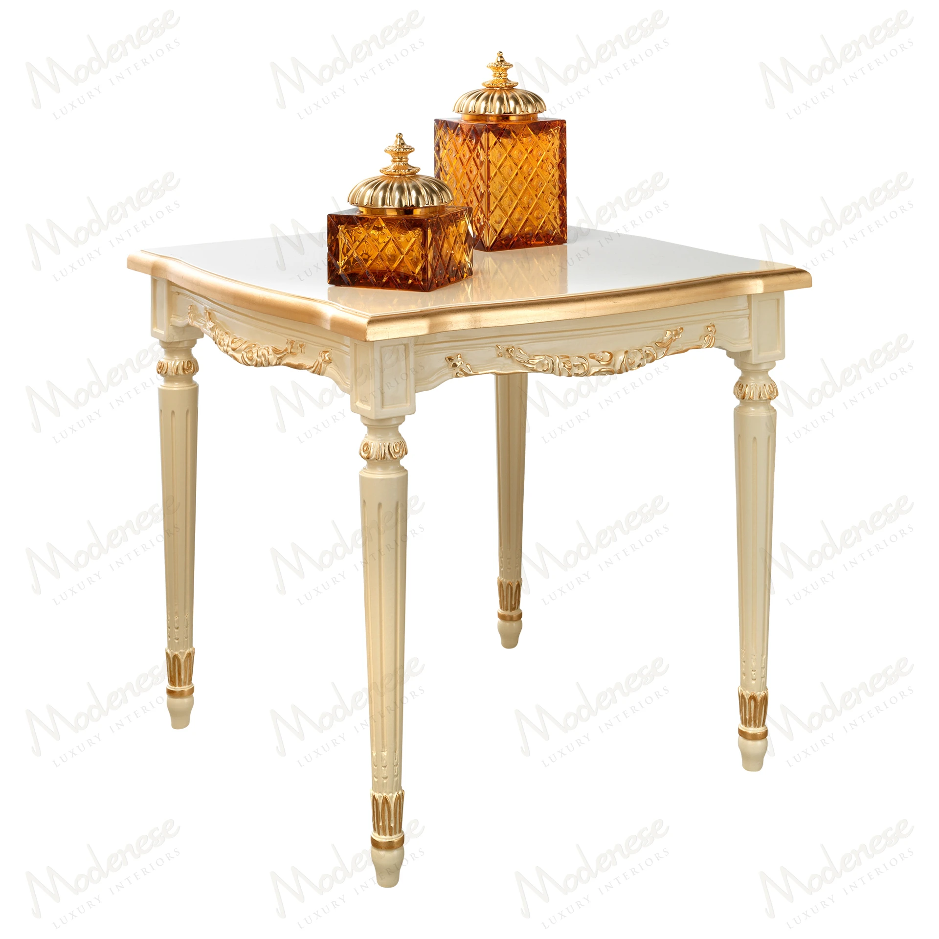Elegant Golden Radiance Side Table with shining ivory lacquered finish, detailed gold leaf accents, showcasing a sophisticated and stylish design