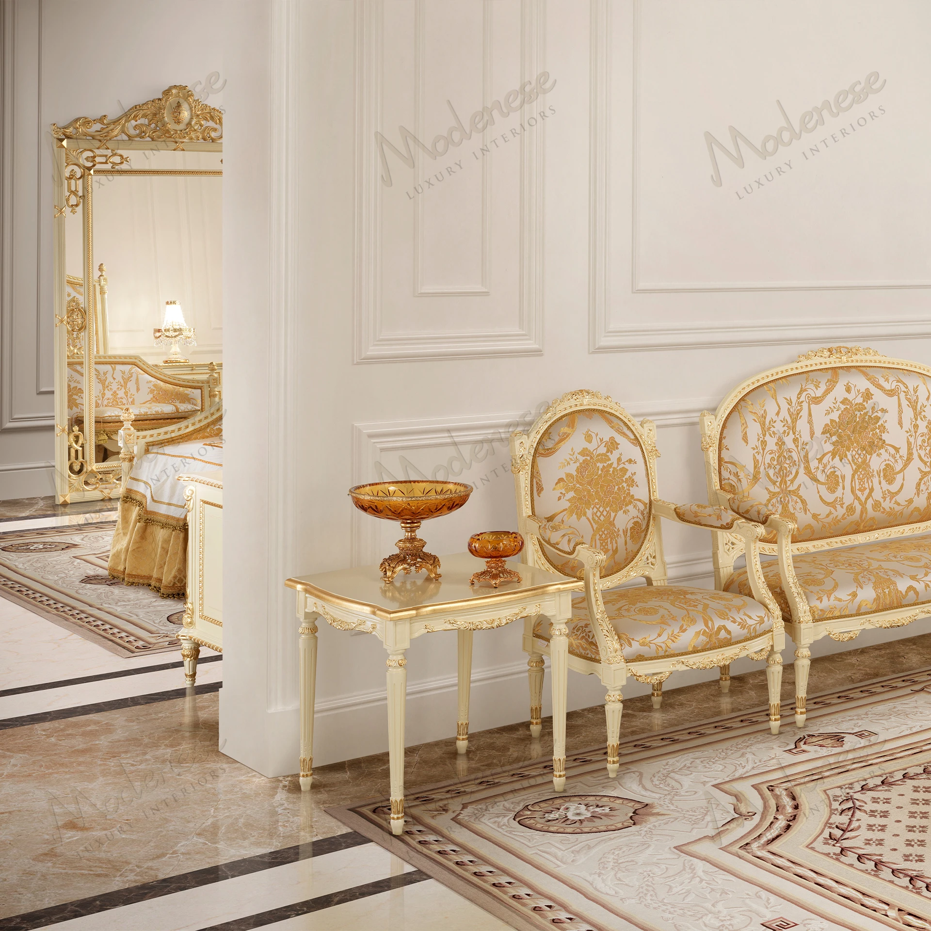 A sleek side table with an ivory lacquered wooden top, gold leaf detailing, and a wooden structure, showcasing a modern, elegant design