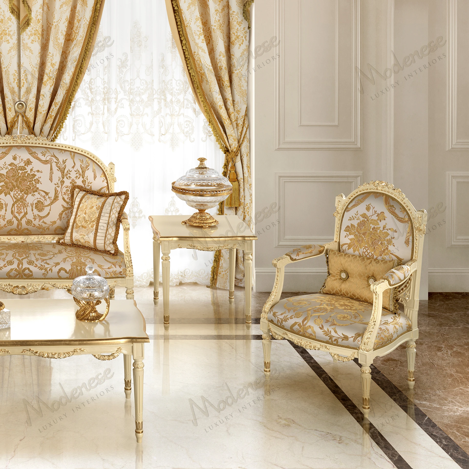 Golden Radiance Side Table with ivory lacquered finish, gold leaf accents, no fabric, offering a luxurious and elegant appearance