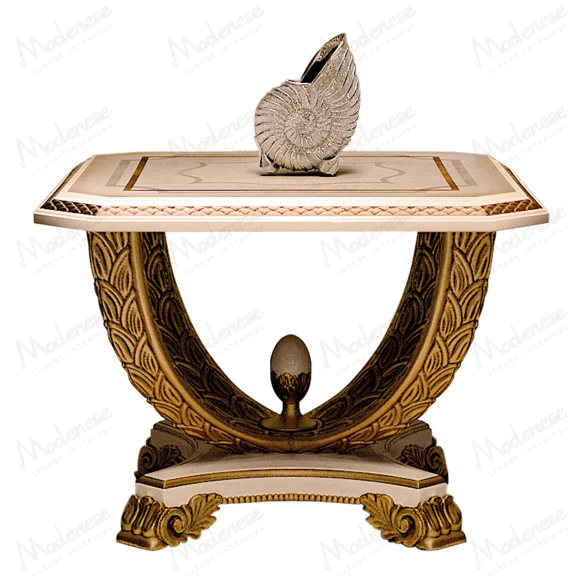 Ivory lacquered side table with antiqued gold leaf accents, showcasing a handcrafted wooden structure and modern design. Elegant and luxurious craftsmanship