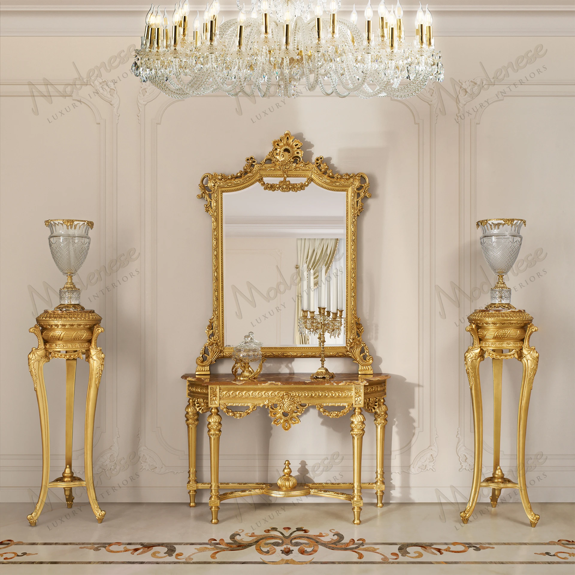 Elite Console: Elegant design with full gold leaf finish, intricate detailing Reflective surface enhances luxury Perfect for sophisticated interiors Harvard accessibility standards compliant