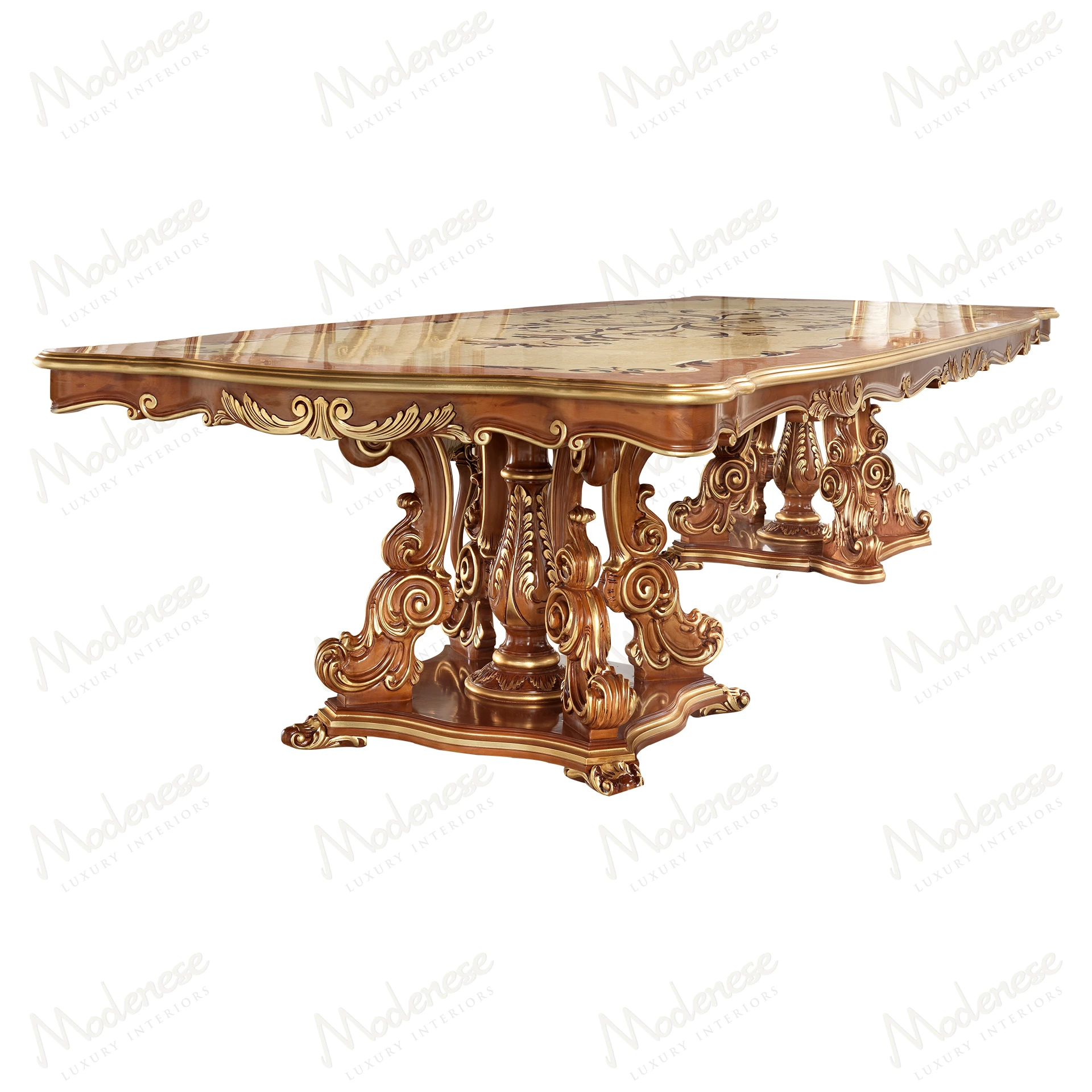 Modern Royal Blend Dining Table featuring a sleek wooden structure with an intricately inlaid top, combining elegance and contemporary style