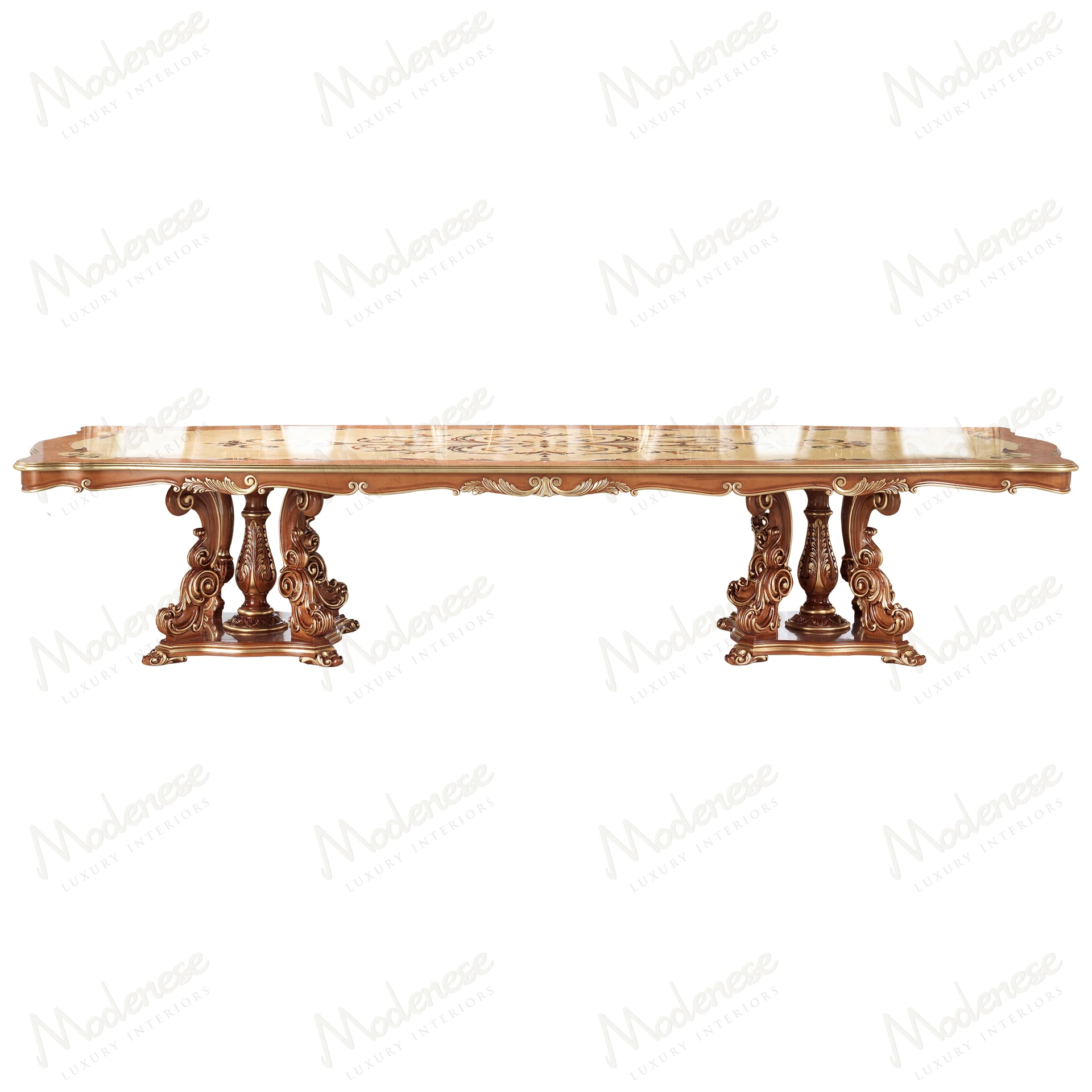 Elegant Royal Blend Dining Table with classic walnut finish, gold leaf details, and inlaid top. Perfect for sophisticated dining spaces