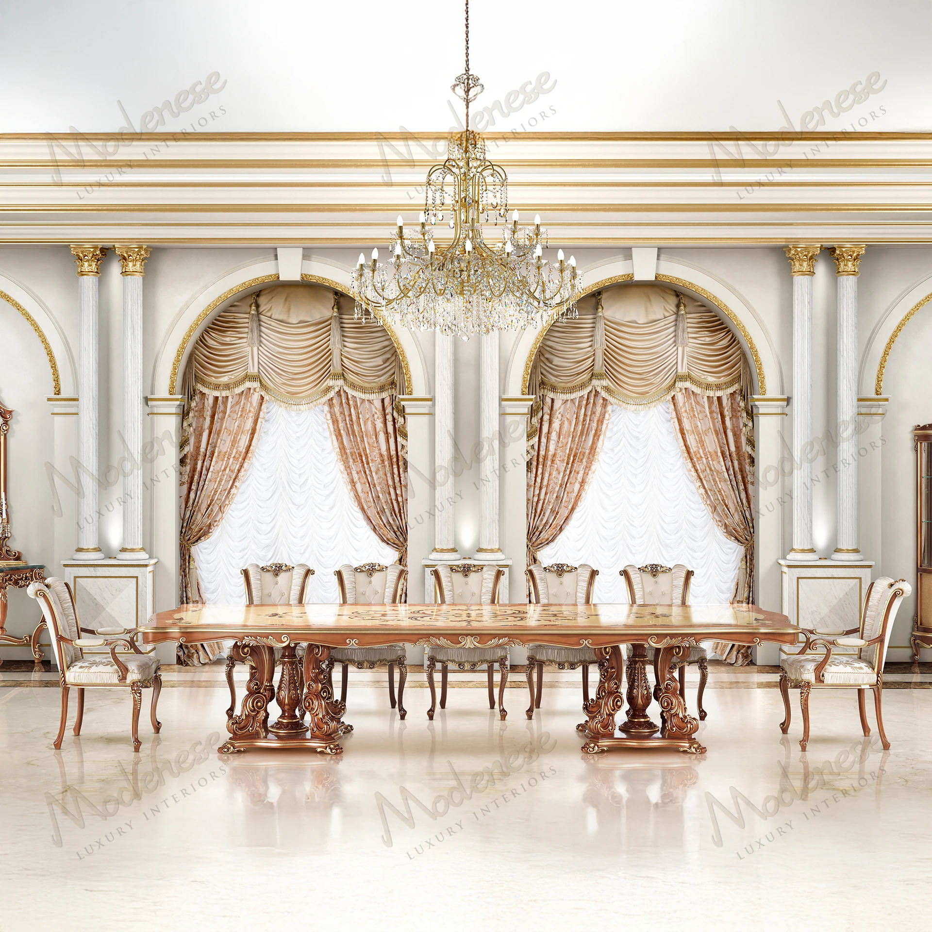 A Royal Blend dining table with classic walnut finish, gold leaf details, and inlaid top, exuding a luxurious feel. No fabric included