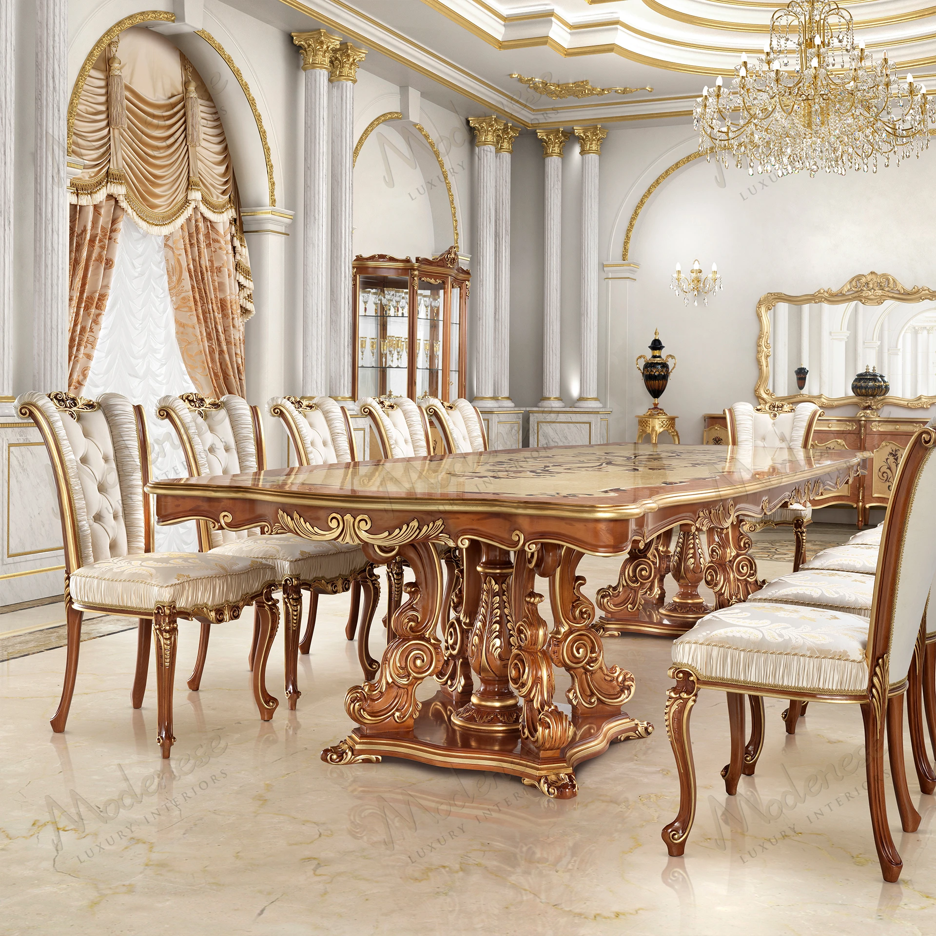 Contemporary Royal Blend Dining Table with a wooden structure and inlaid top, showcasing a sleek, fabric-free design