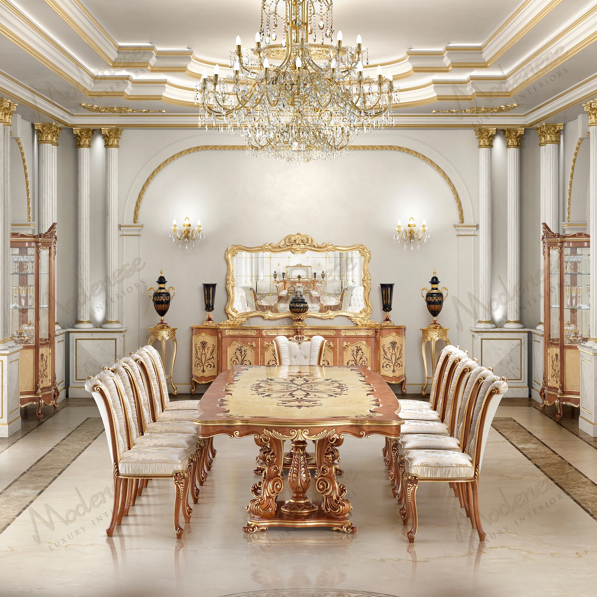 Royal Blend Dining Table with classic walnut finish, gold leaf details, inlaid top, artistic design. No fabric textures; elegant and accessible