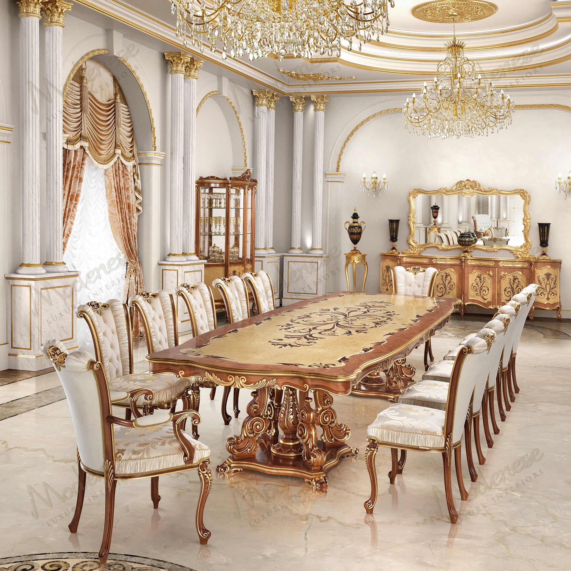 Elegant Royal Blend Dining Table with classic walnut finish, gold leaf accents, and inlaid wooden top; sophisticated design, no fabric, wood structure