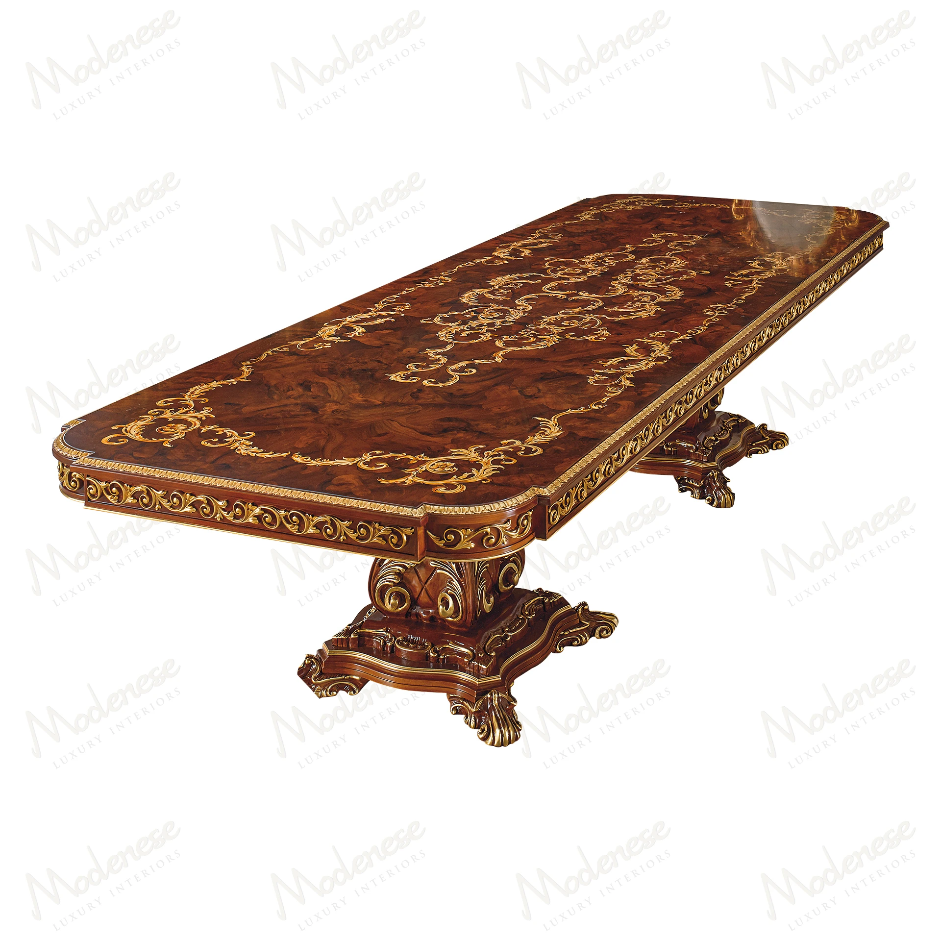 Modern wooden dining table with carved symmetry, featuring an intricate inlaid top and sleek design