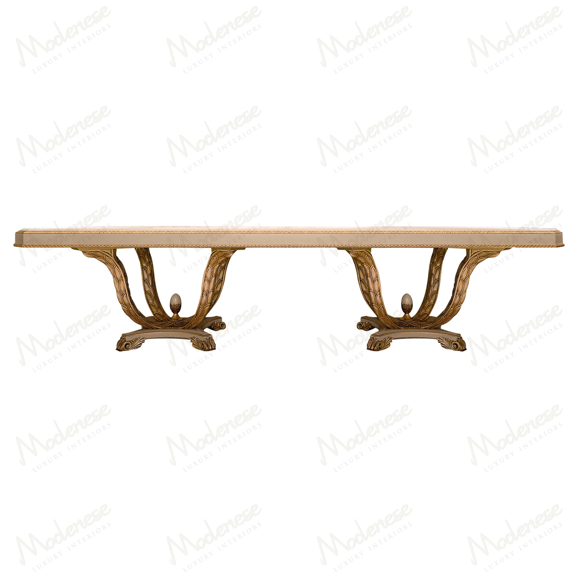 Rectangular wooden dining table with inlaid top, modern design, sleek legs. Ideal for contemporary spaces, seats six comfortably