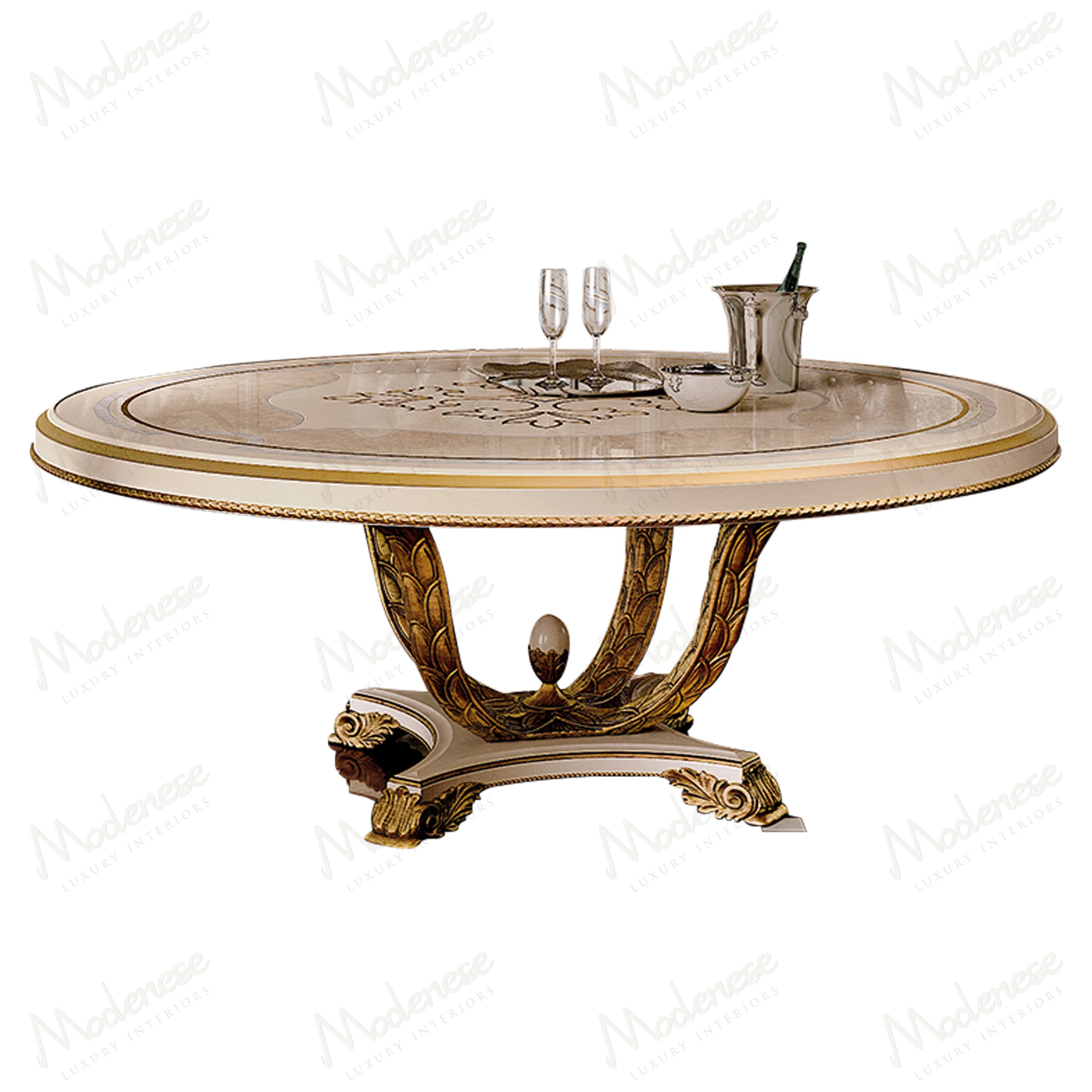 Modern wooden dining table with a round inlaid top. Sleek design and smooth finish, suitable for contemporary dining spaces
