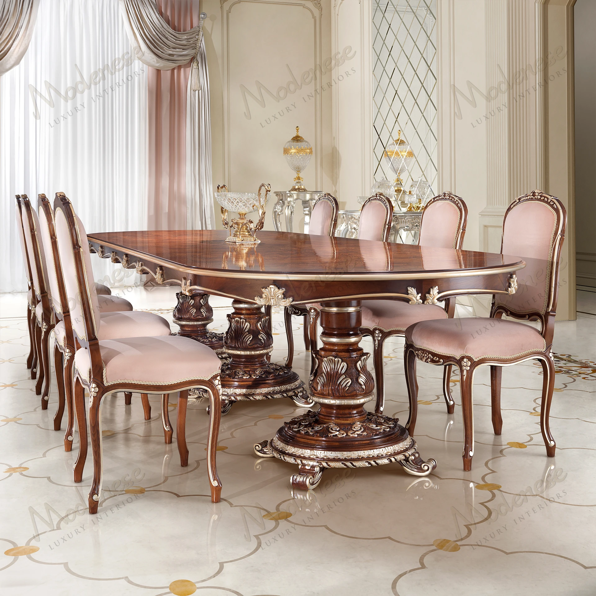 Luxurious dining table with classic walnut finish and silver leaf details, exuding elegance and sophistication, enhancing any dining setting