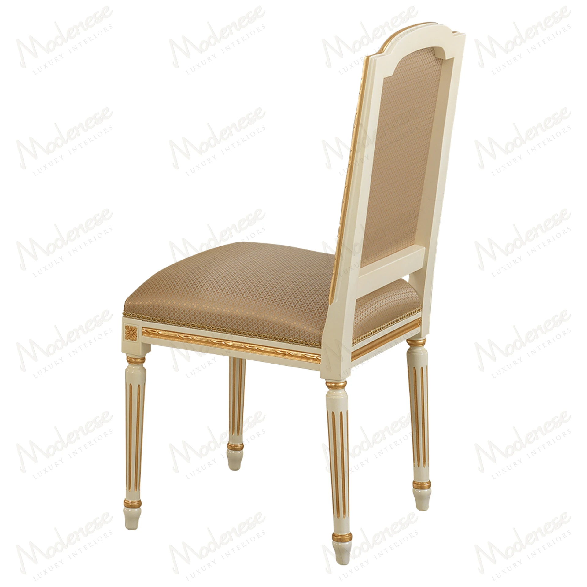Elegant Royal Symphony Chair with ivory lacquered finish and gold leaf details, displaying a sophisticated design