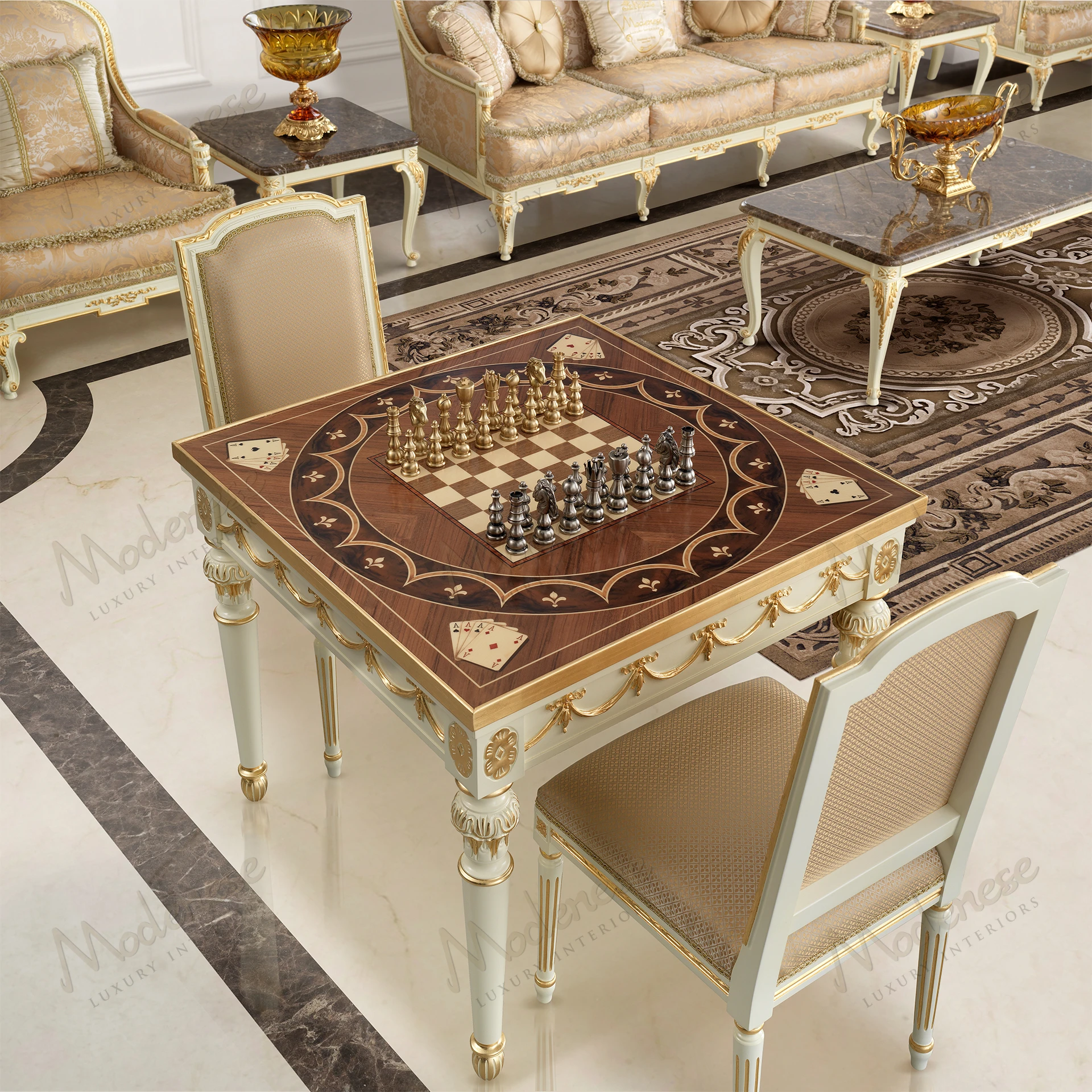 Elegant Royal Symphony Chair with wood frame, ivory lacquered finish, gold leaf accents, and fabric upholstery. Sleek design with luxurious details
