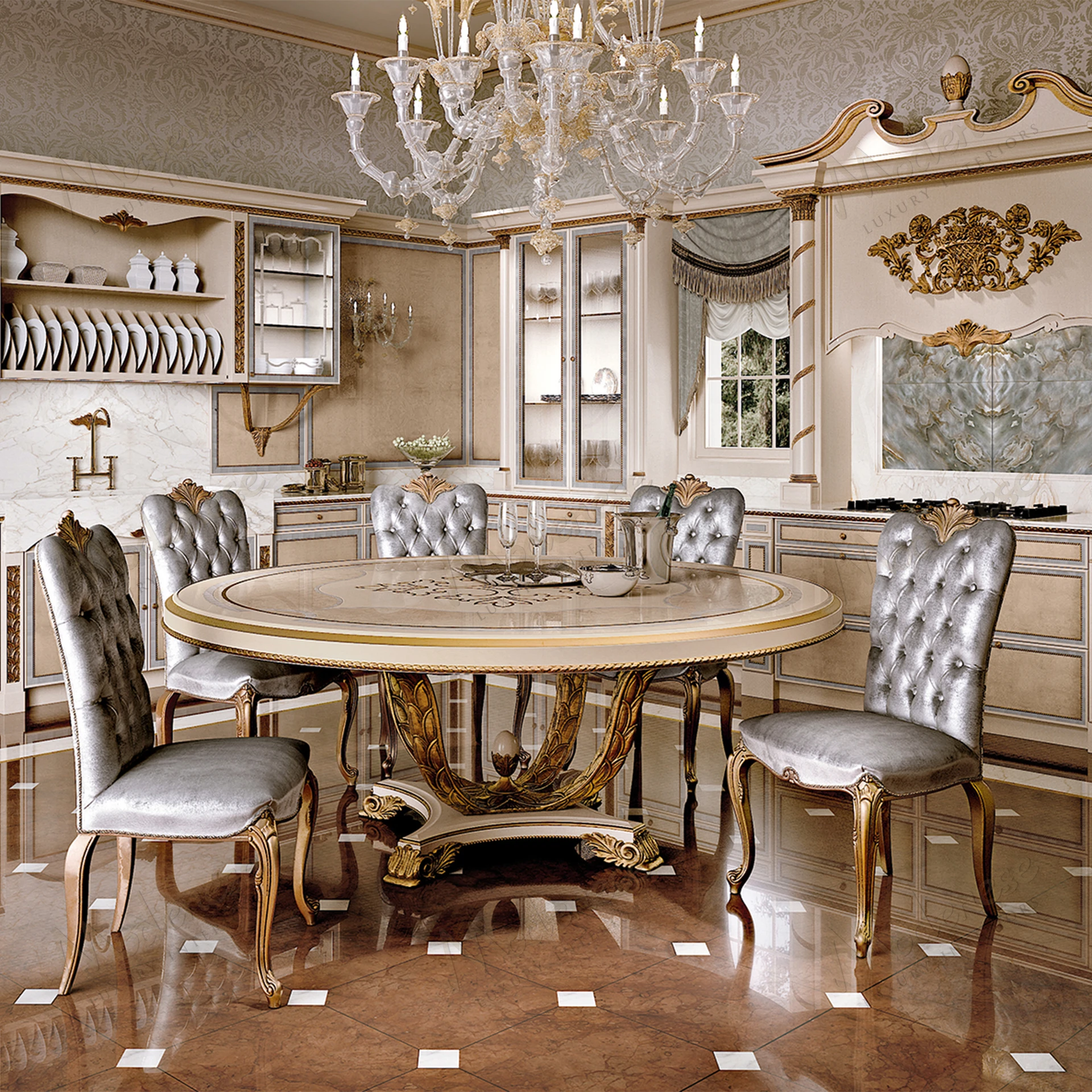 Elegant Embrace Chair with full antiqued gold leaf finish, featuring intricate detailing and luxurious design