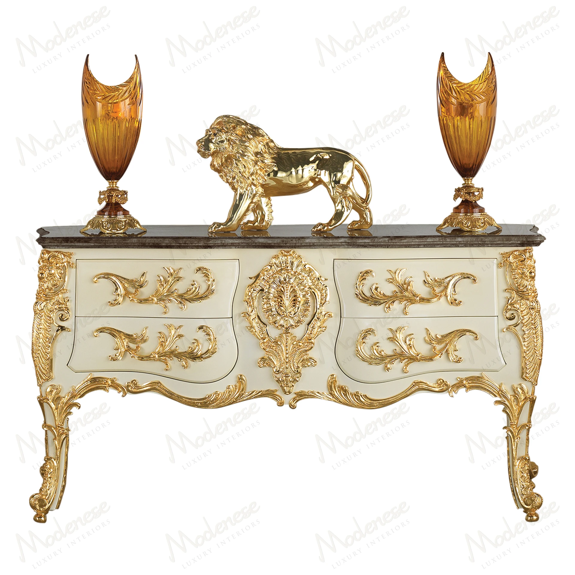 Sleek Midnight Moon Sideboard with wooden base and marble top, showcasing a modern design. Ideal for contemporary interiors