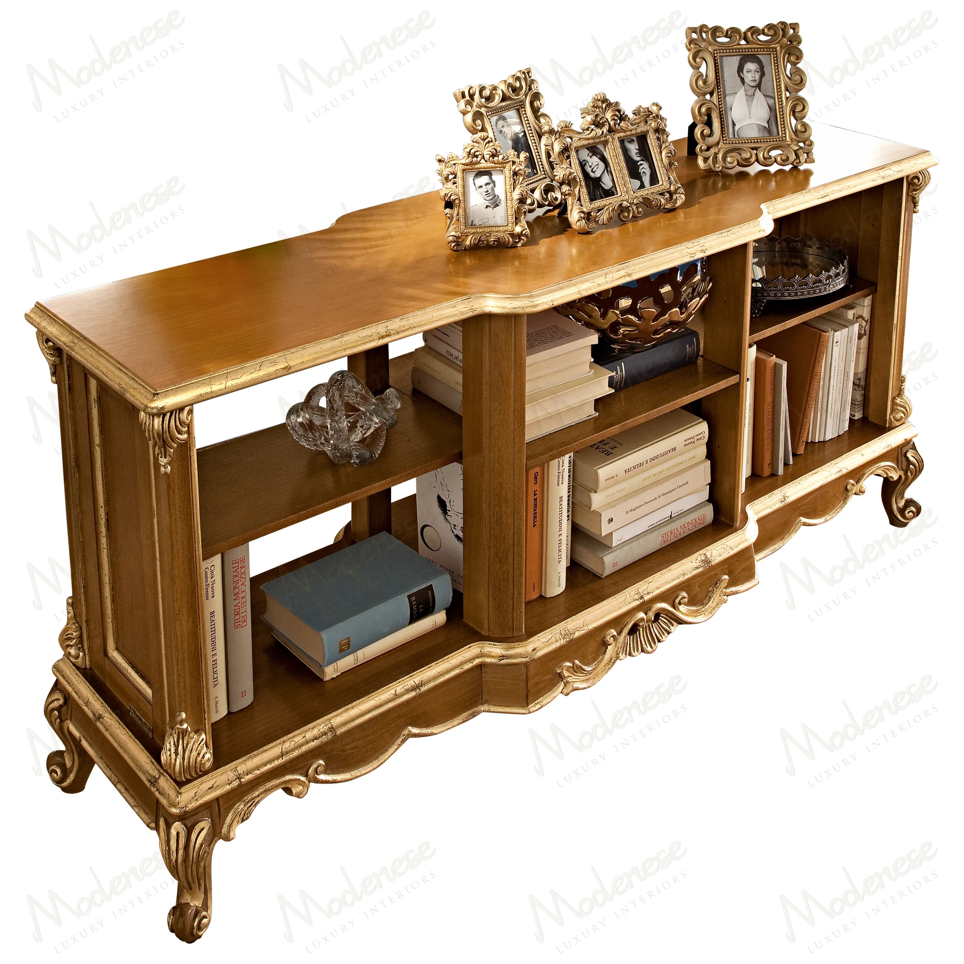 A modern, double-sided wooden Etagère with a sleek design and sturdy structure, perfect for displaying items stylishly