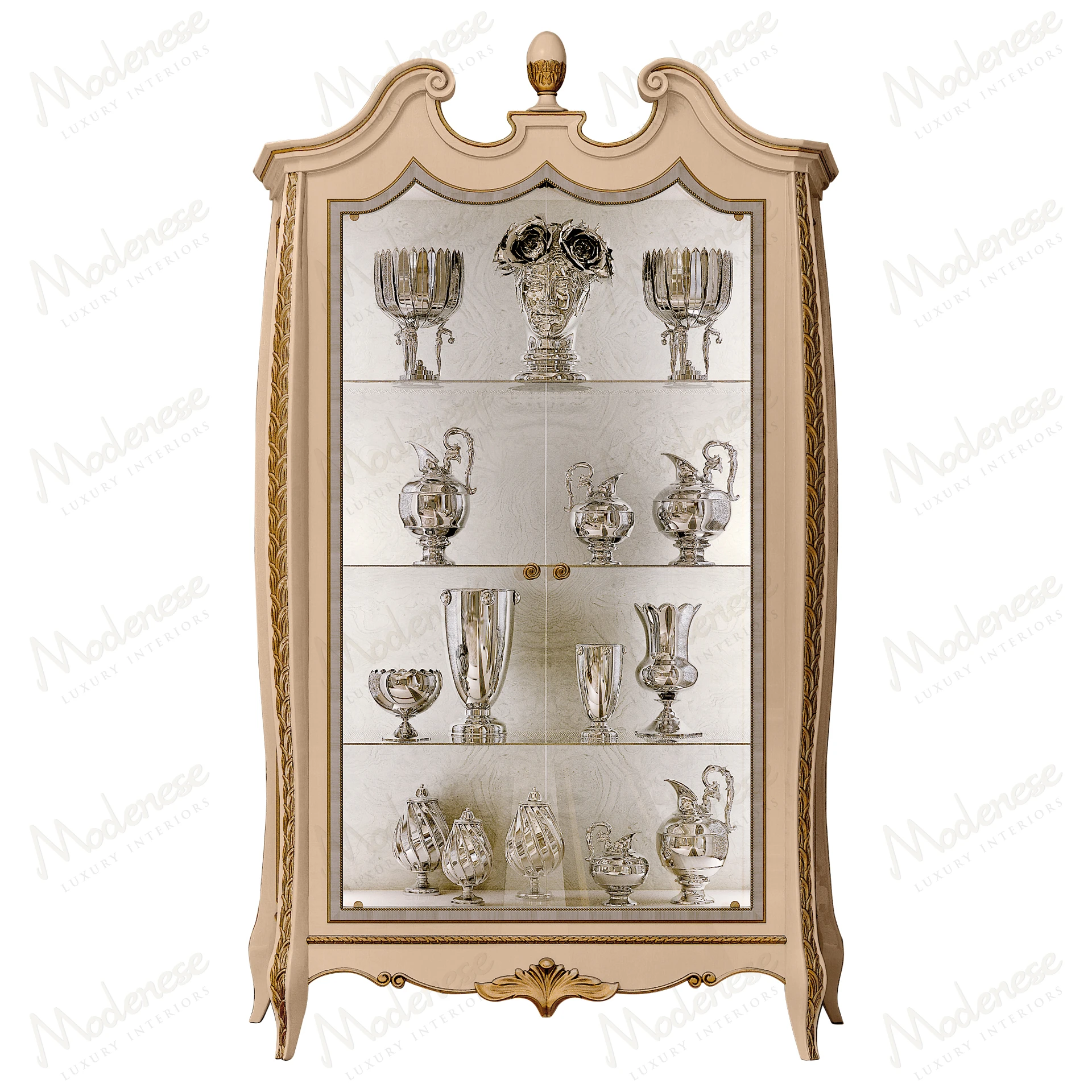 Modern 2-door wooden display cabinet with an upholstered back and crystal shelves, showcasing sleek design for elegant storage and display