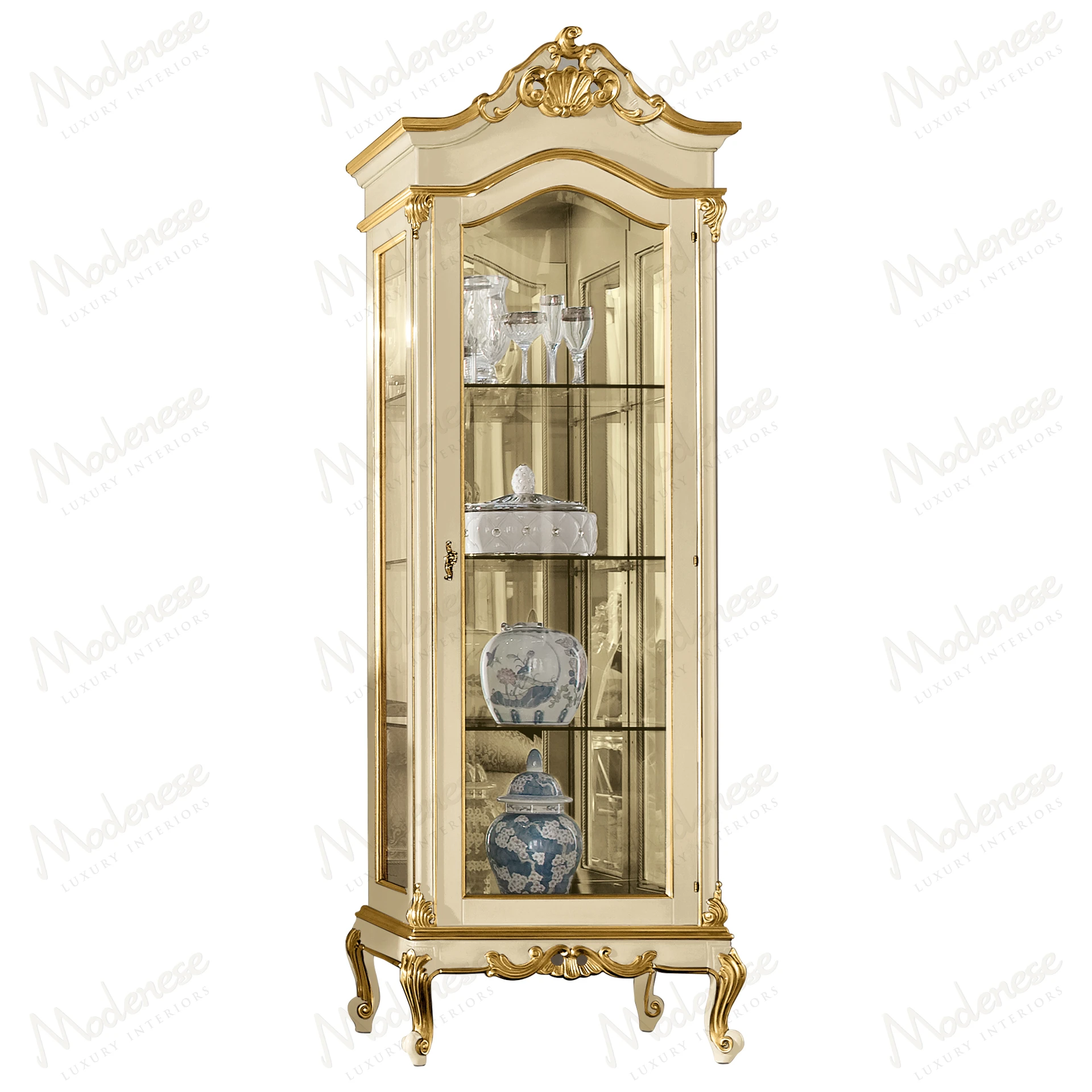 Modern wooden cabinet with right opening, mirrored back, and crystal shelves. Sleek design, perfect for contemporary interiors