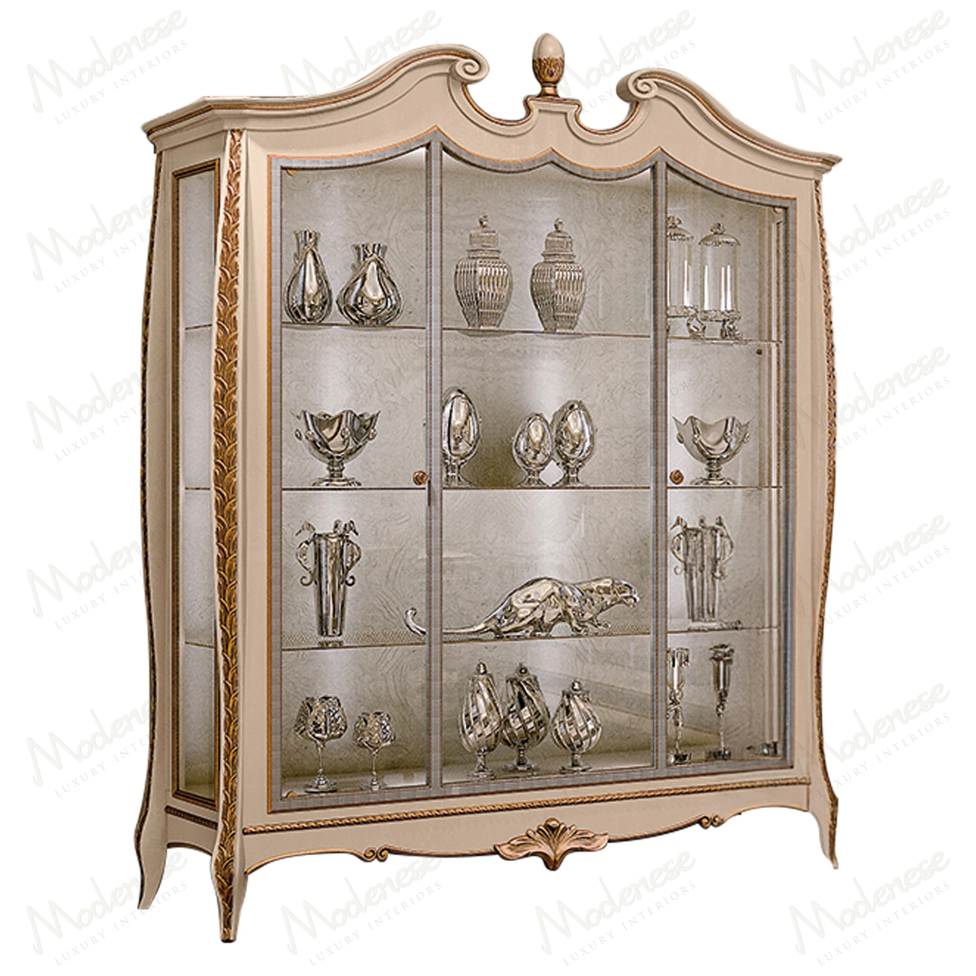 Modern Embrace Cabinet with wood structure, upholstered back, and crystal shelves, showcasing a sleek design. Perfect for contemporary interiors