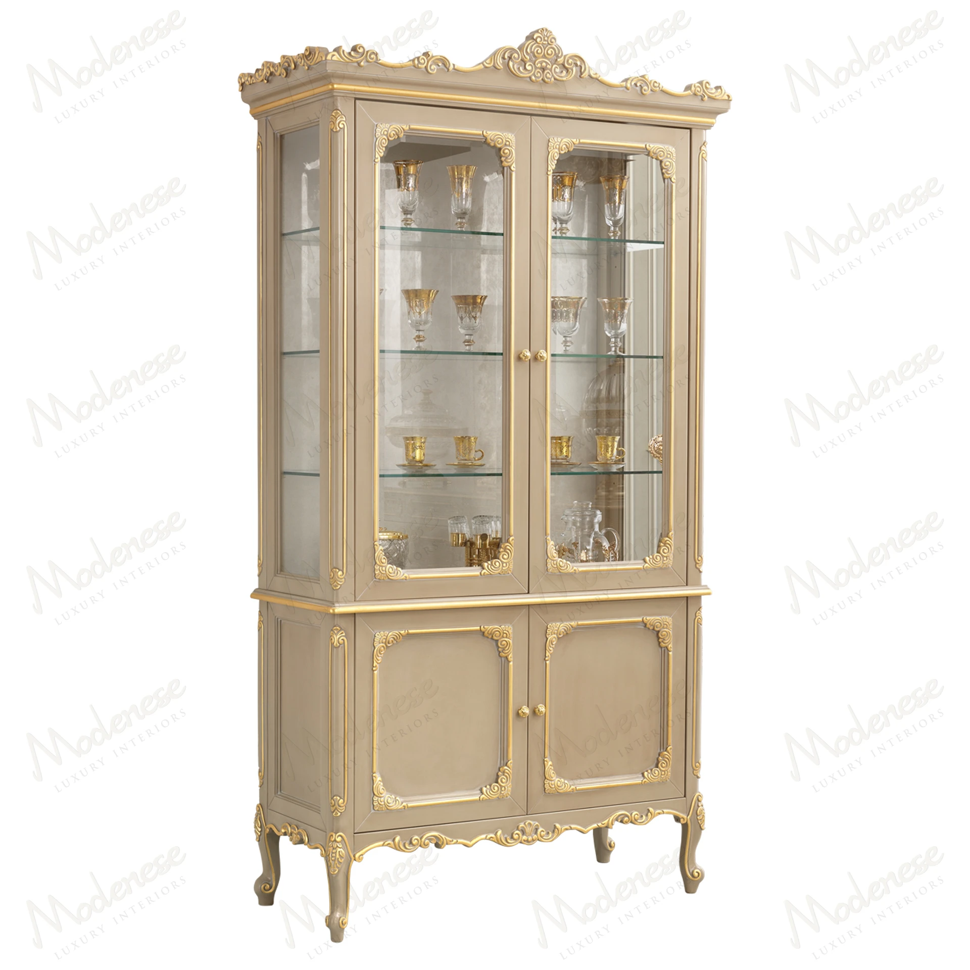 Modern Harmony Cabinet: Wood structure with mirror back and crystal shelves, showcasing a sleek design. Ideal for contemporary spaces